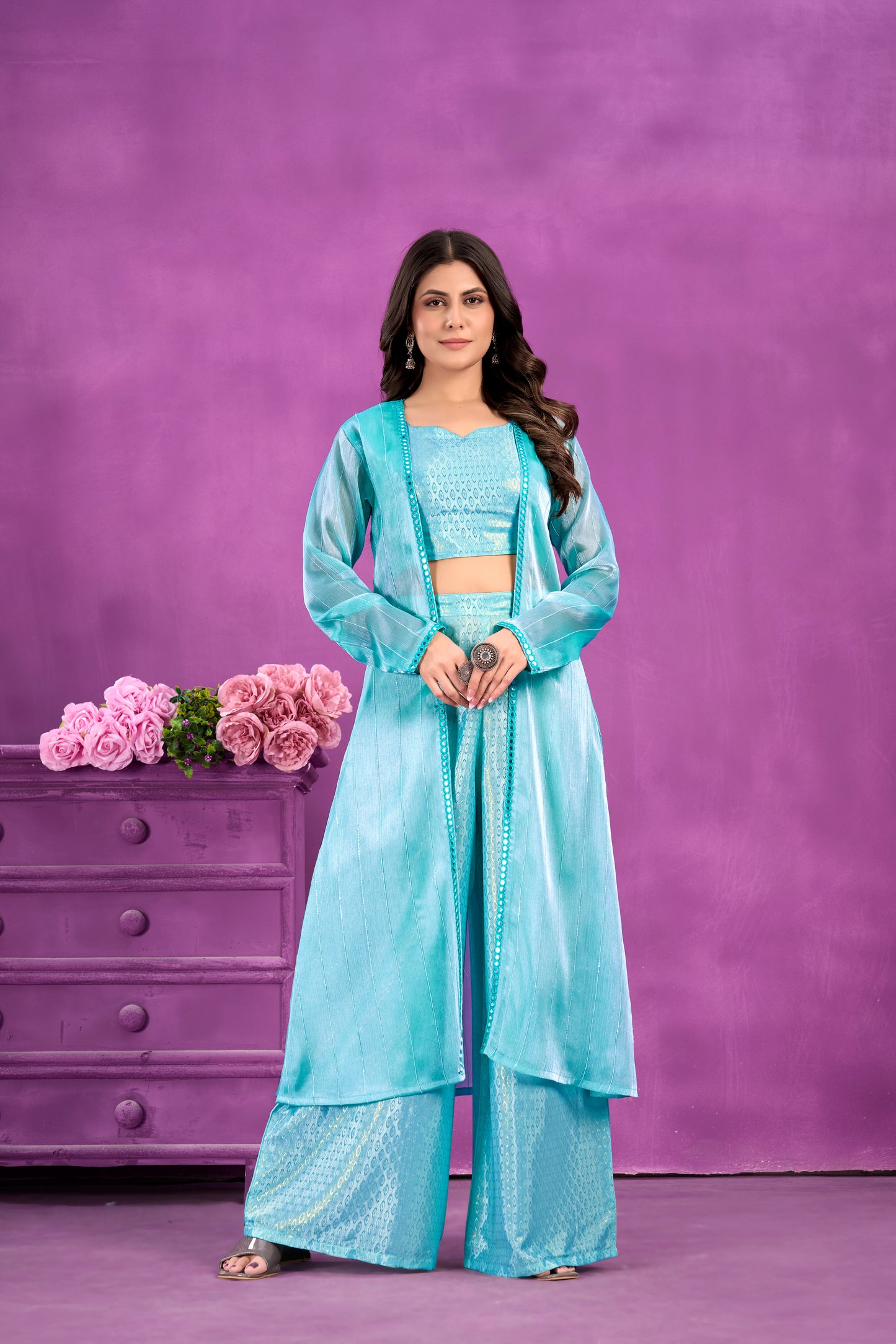 Azure Elegance Soft Silk Top, Palazzo, and Shrug 3-Piece Set for Women!