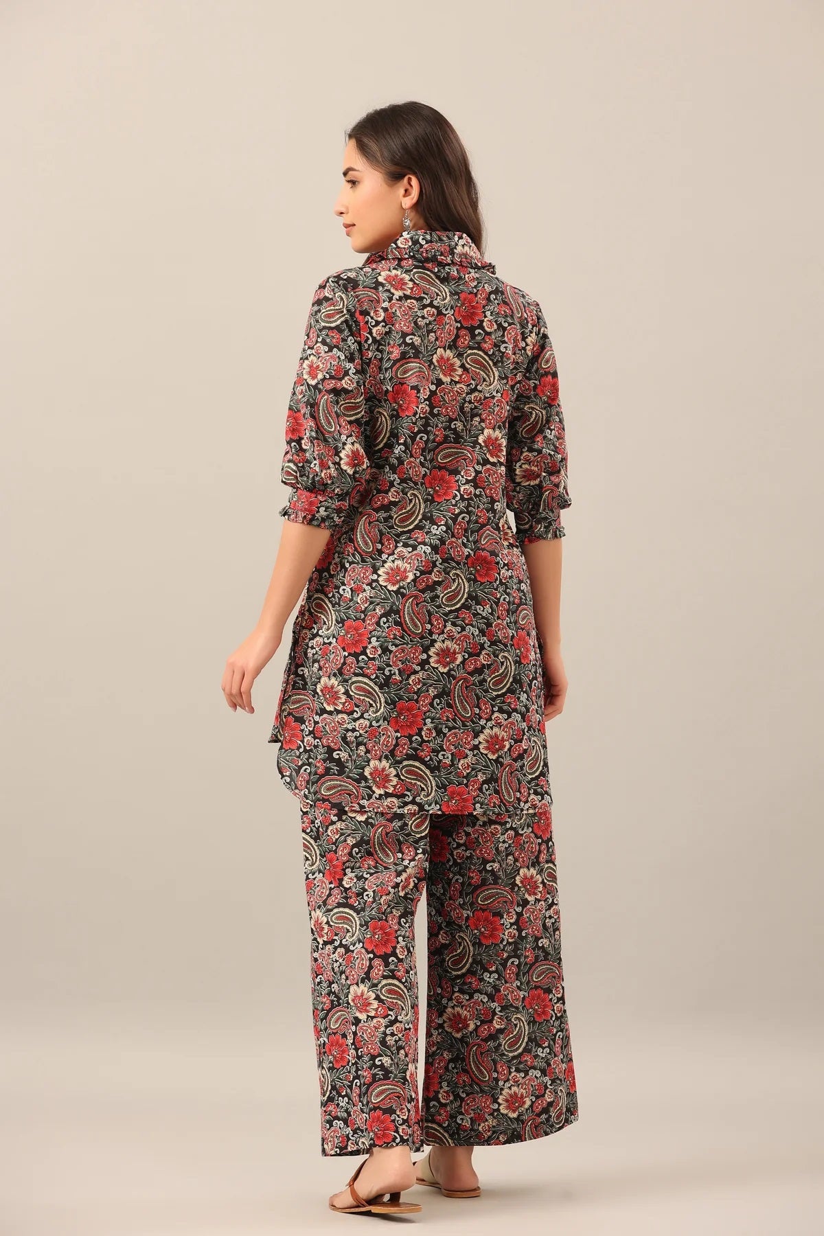 Paisley Park On Black Collared Smoked Sleeves Co-Ord Set