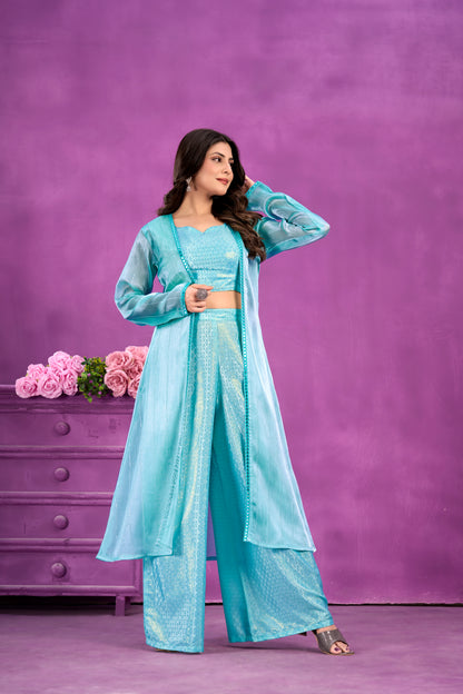 Azure Elegance Soft Silk Top, Palazzo, and Shrug 3-Piece Set for Women!