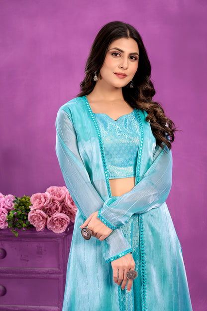 Azure Elegance Soft Silk Top, Palazzo, and Shrug 3-Piece Set for Women!