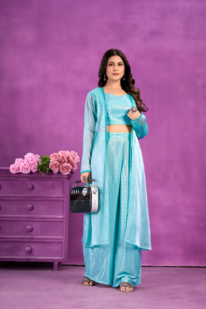 Azure Elegance Soft Silk Top, Palazzo, and Shrug 3-Piece Set for Women!