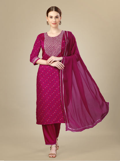 Regal Grace Women's Viscos Tebby Silk Heavy Embroidery Kurti with Pant and Dupatta Set