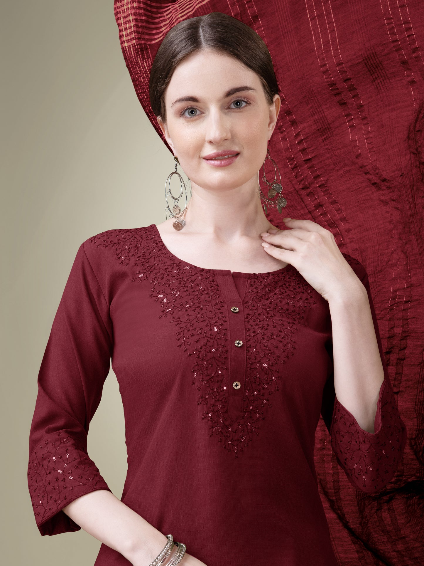 Graceful Glamour Embroidery Kurti with Pant and Dupatta Set