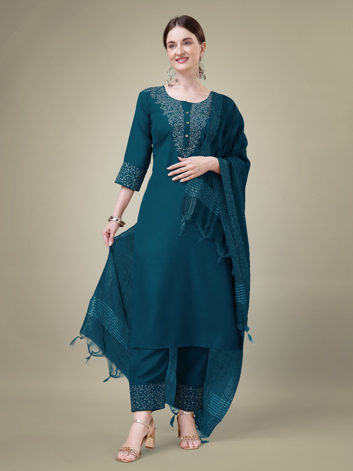 Graceful Glamour Embroidery Kurti with Pant and Dupatta Set