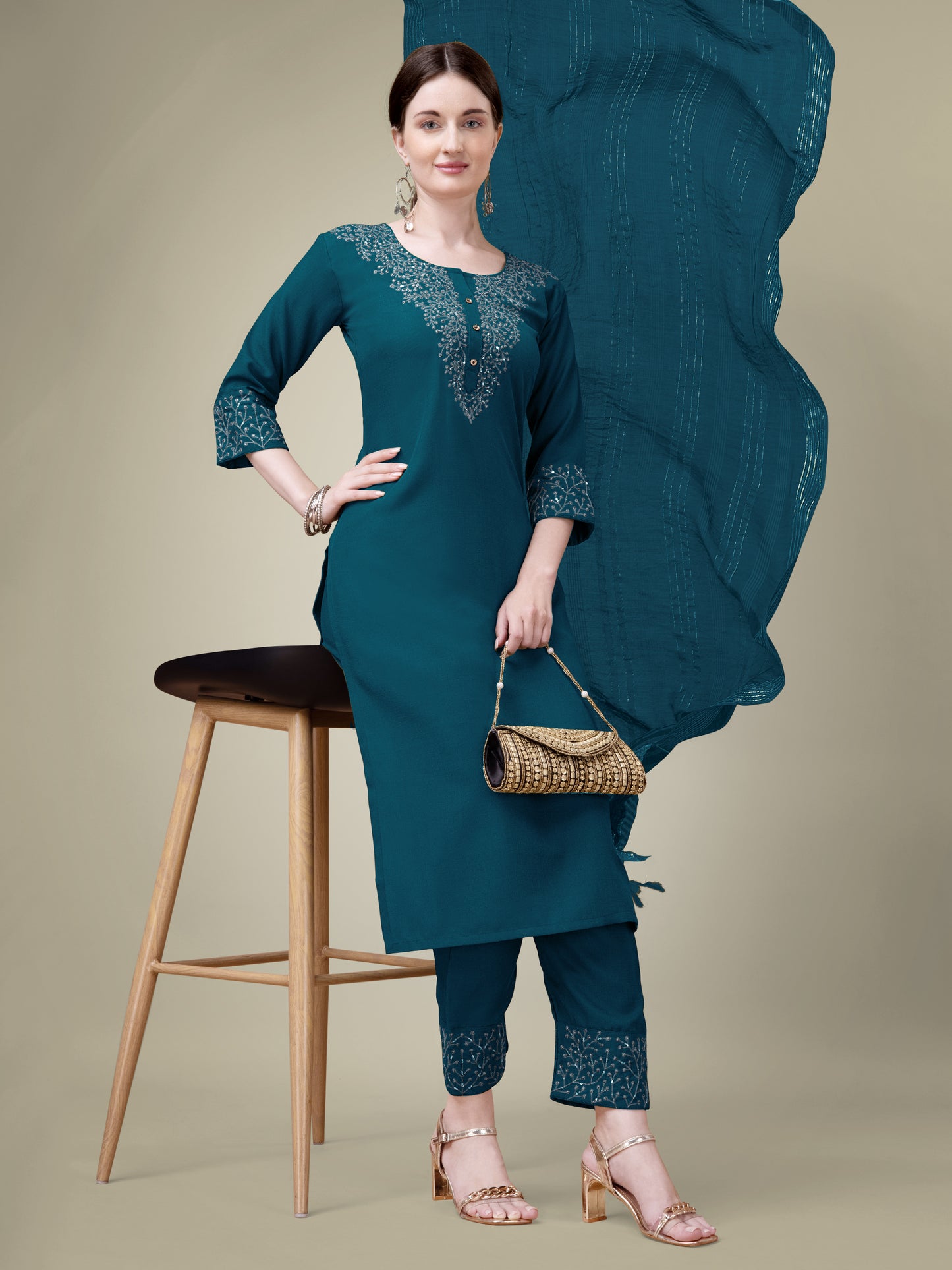 Graceful Glamour Embroidery Kurti with Pant and Dupatta Set