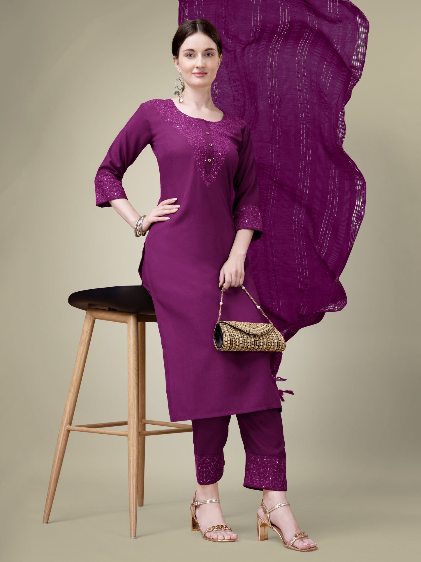 Graceful Glamour Embroidery Kurti with Pant and Dupatta Set