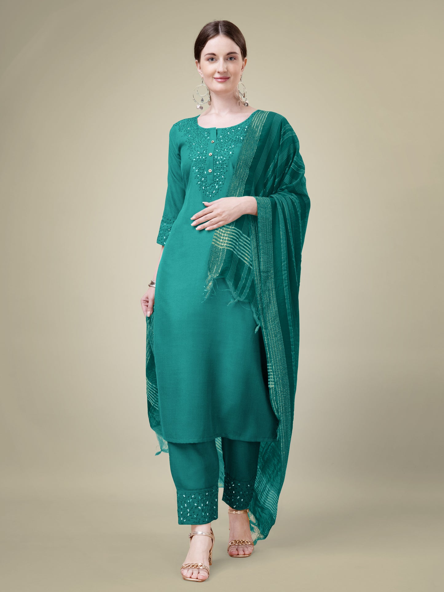 Graceful Glamour Embroidery Kurti with Pant and Dupatta Set