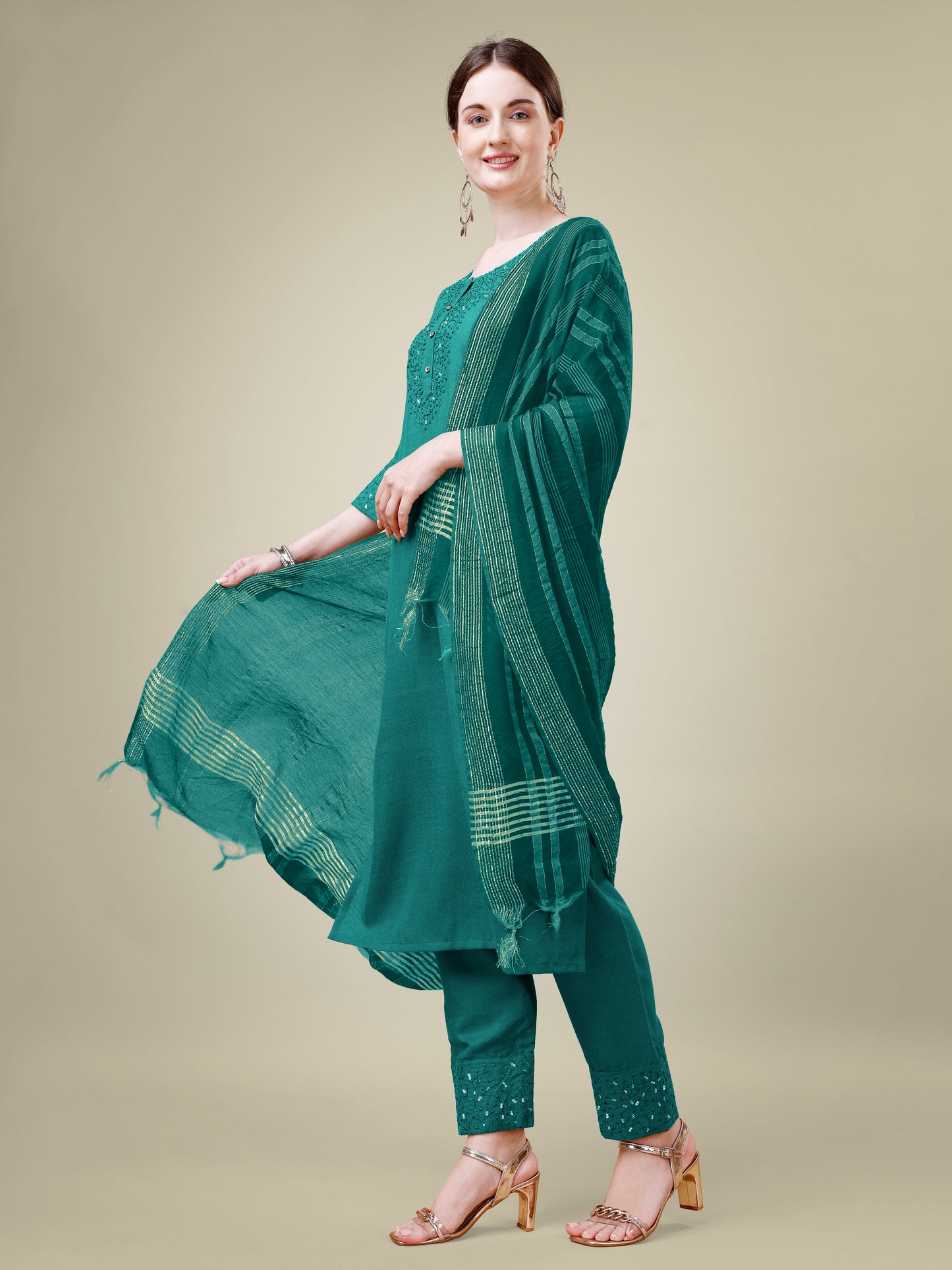 Graceful Glamour Embroidery Kurti with Pant and Dupatta Set