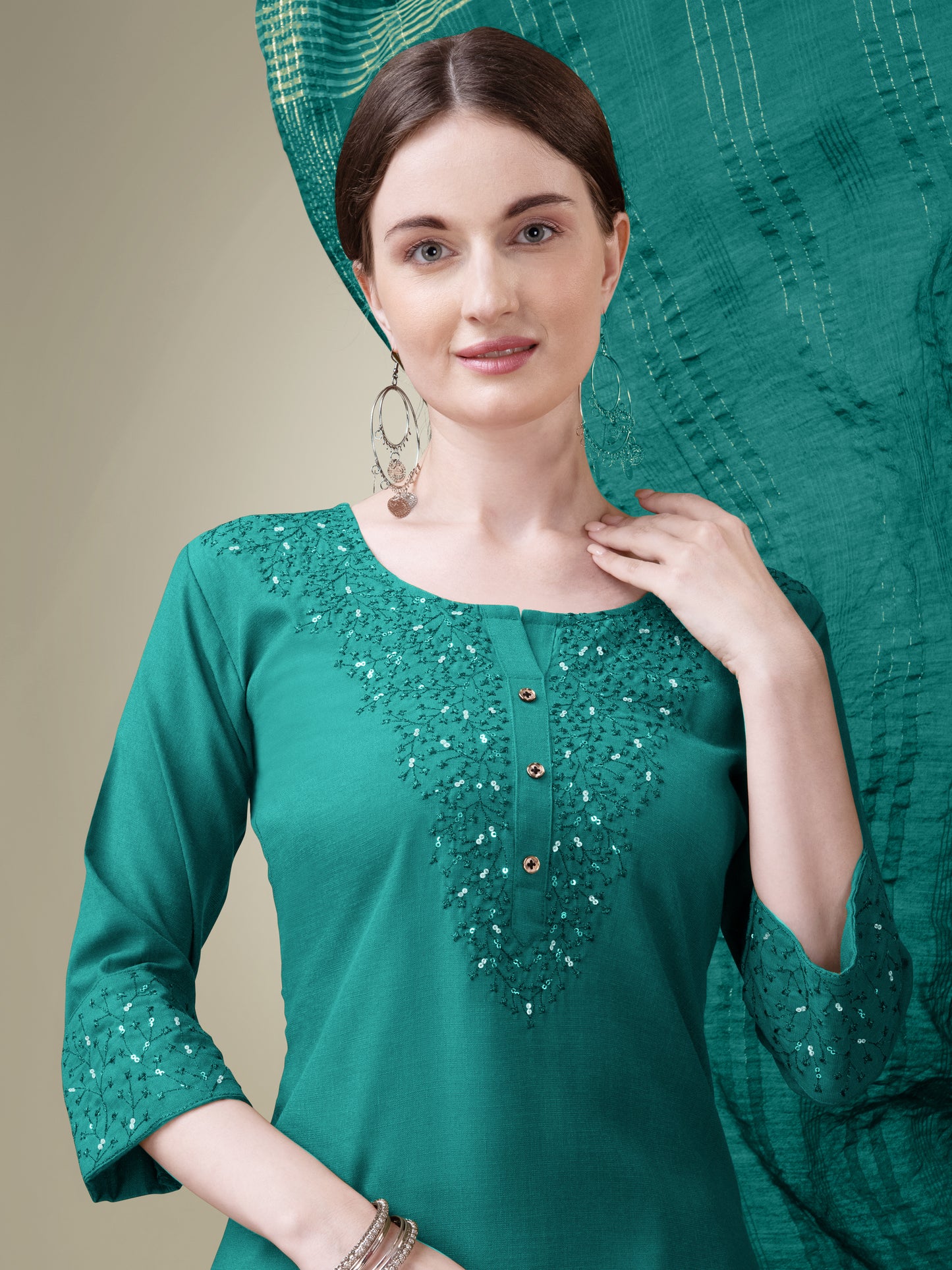 Graceful Glamour Embroidery Kurti with Pant and Dupatta Set