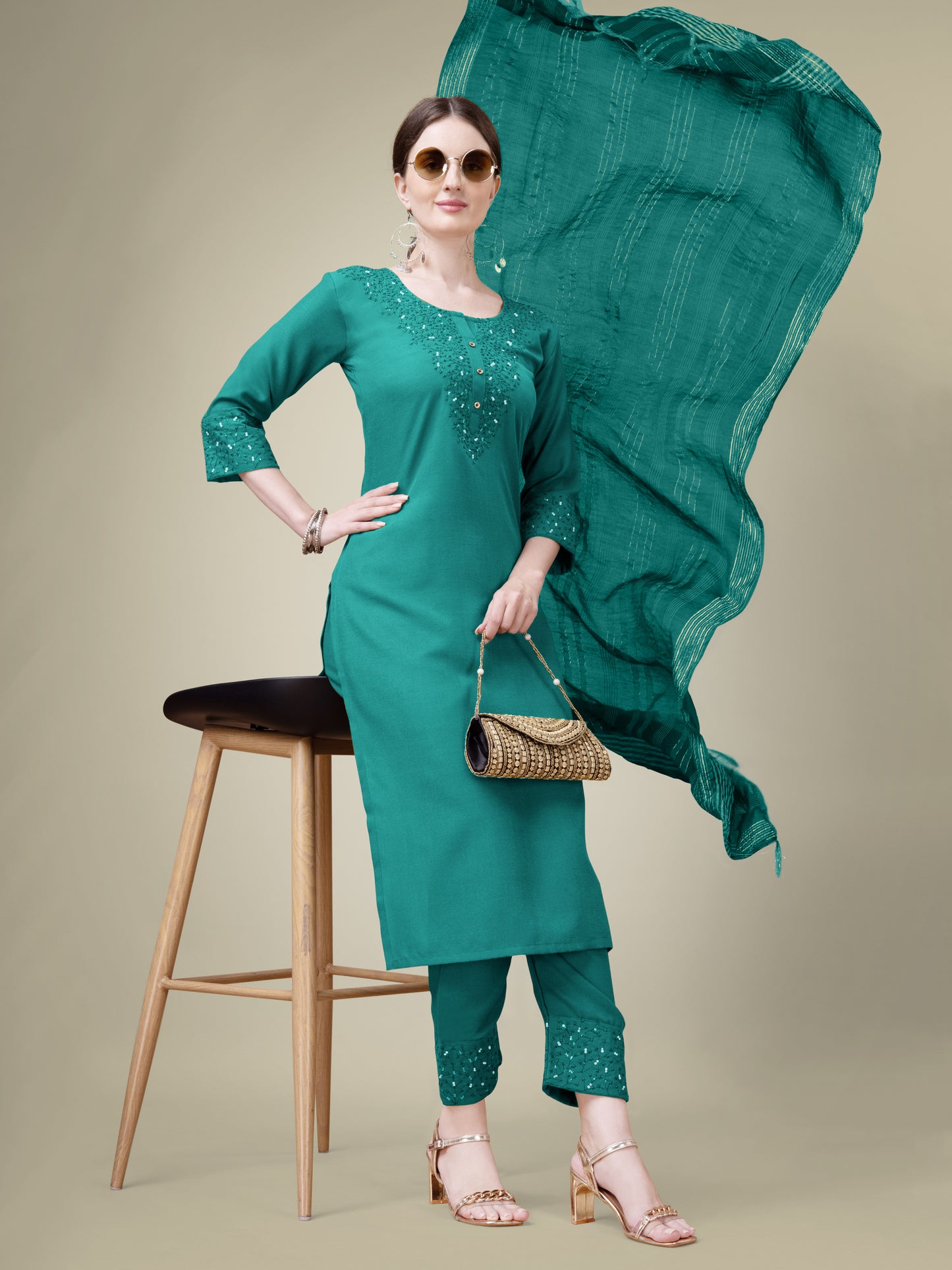 Graceful Glamour Embroidery Kurti with Pant and Dupatta Set