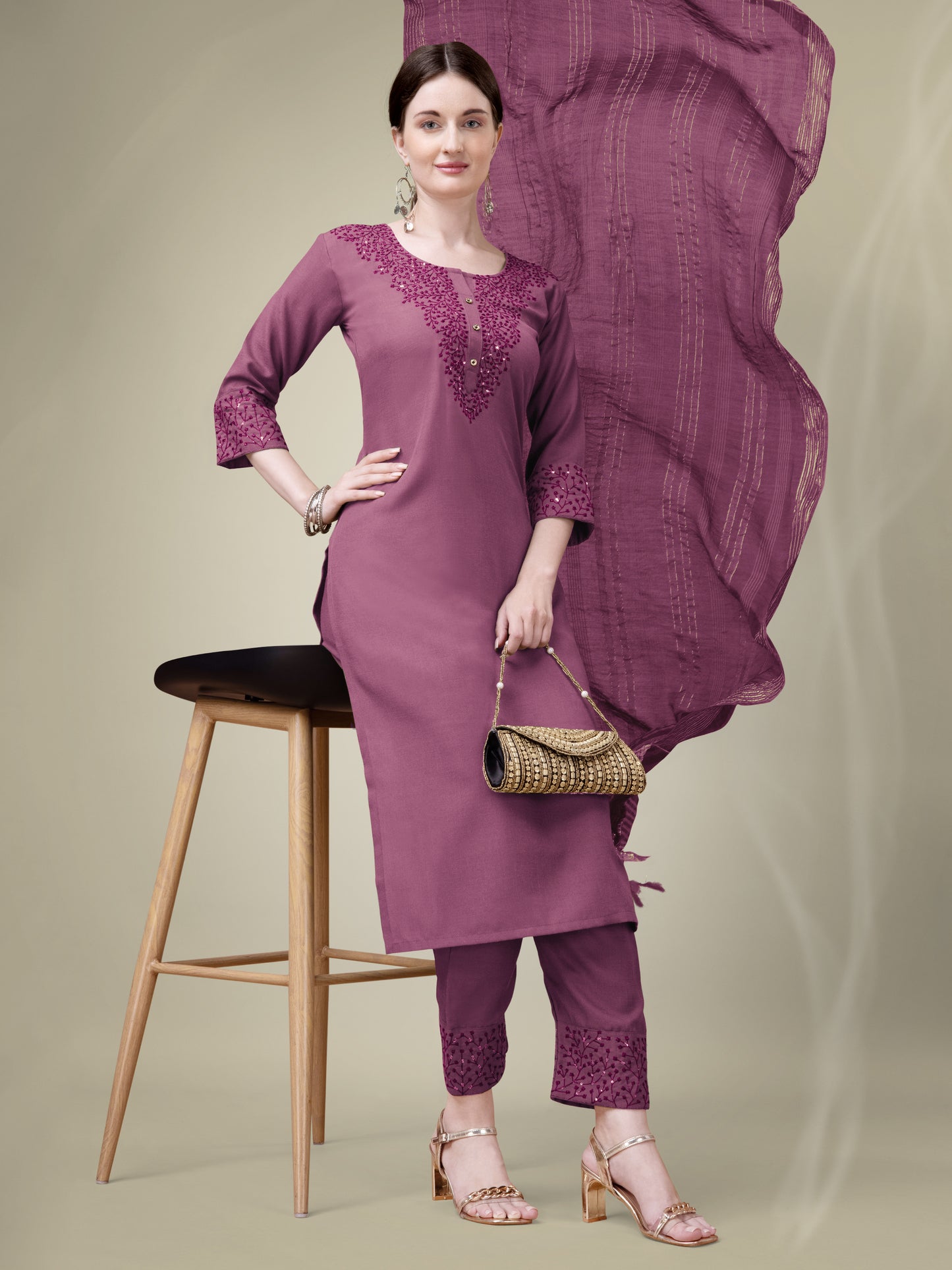 Graceful Glamour Embroidery Kurti with Pant and Dupatta Set