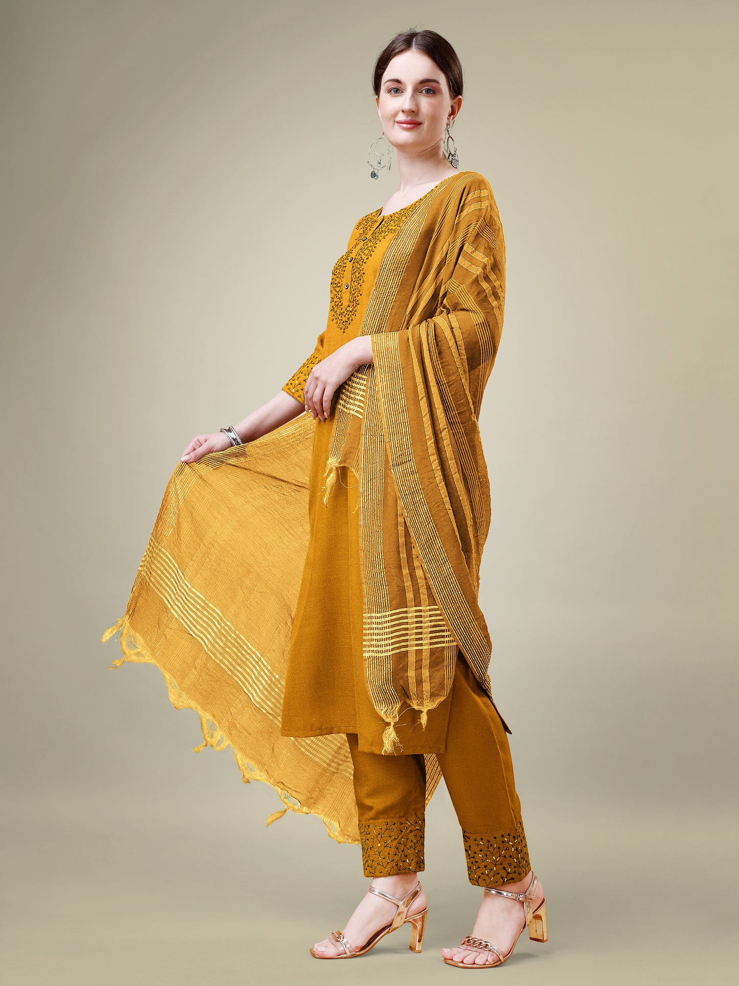 Graceful Glamour Embroidery Kurti with Pant and Dupatta Set