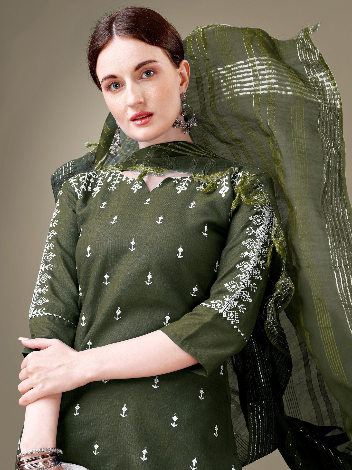 Majestic Moments Embroidery Kurti with Pant and Dupatta Set