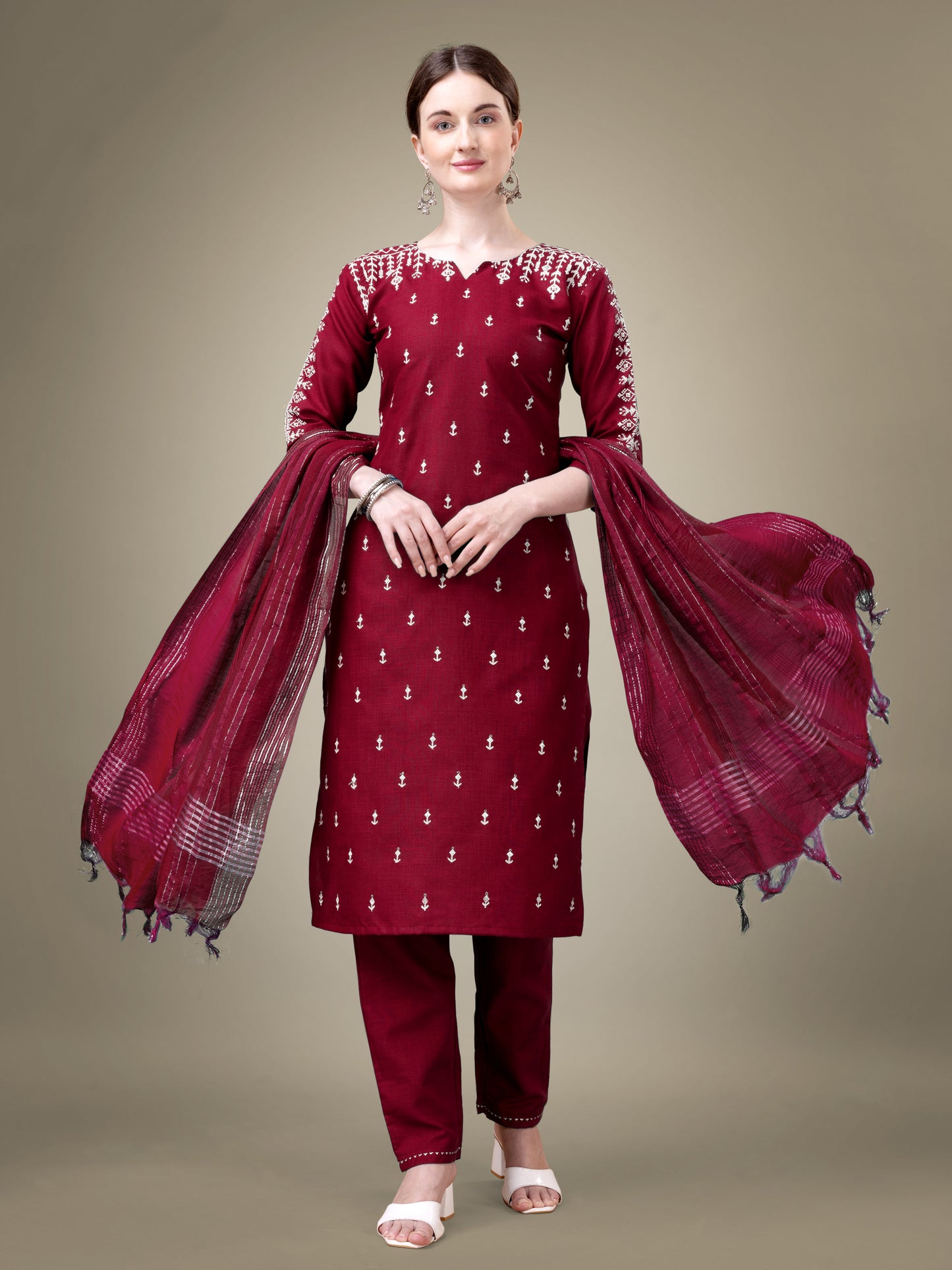 Majestic Moments Embroidery Kurti with Pant and Dupatta Set