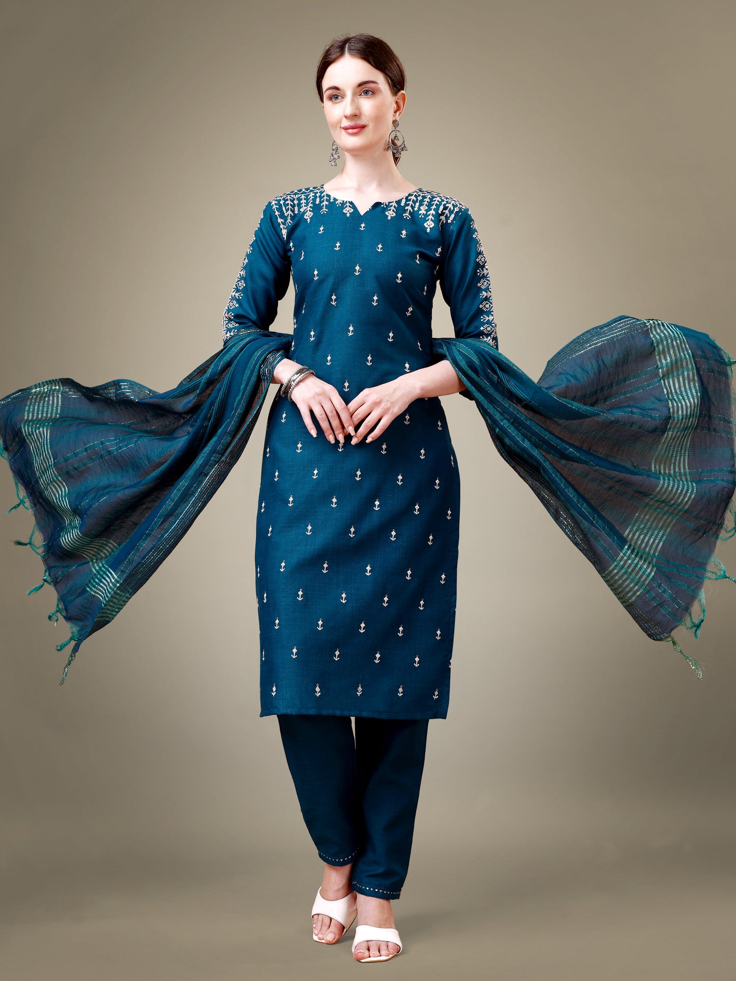 Majestic Moments Embroidery Kurti with Pant and Dupatta Set