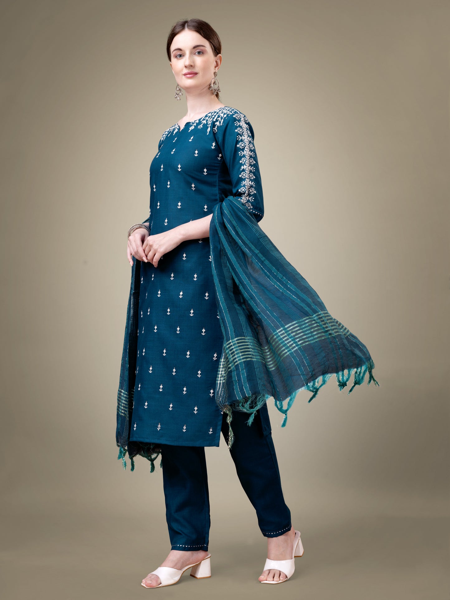 Majestic Moments Embroidery Kurti with Pant and Dupatta Set