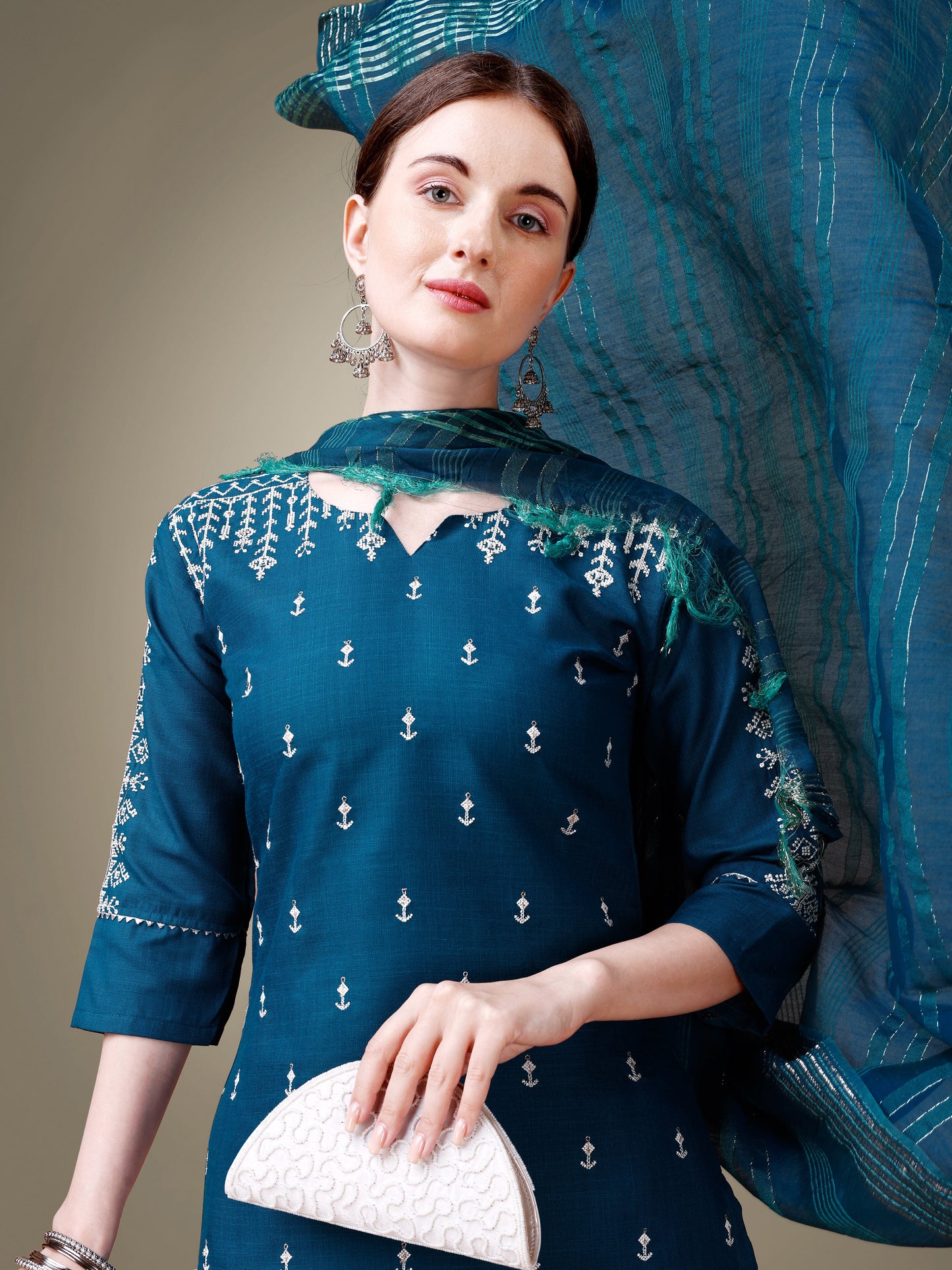 Majestic Moments Embroidery Kurti with Pant and Dupatta Set