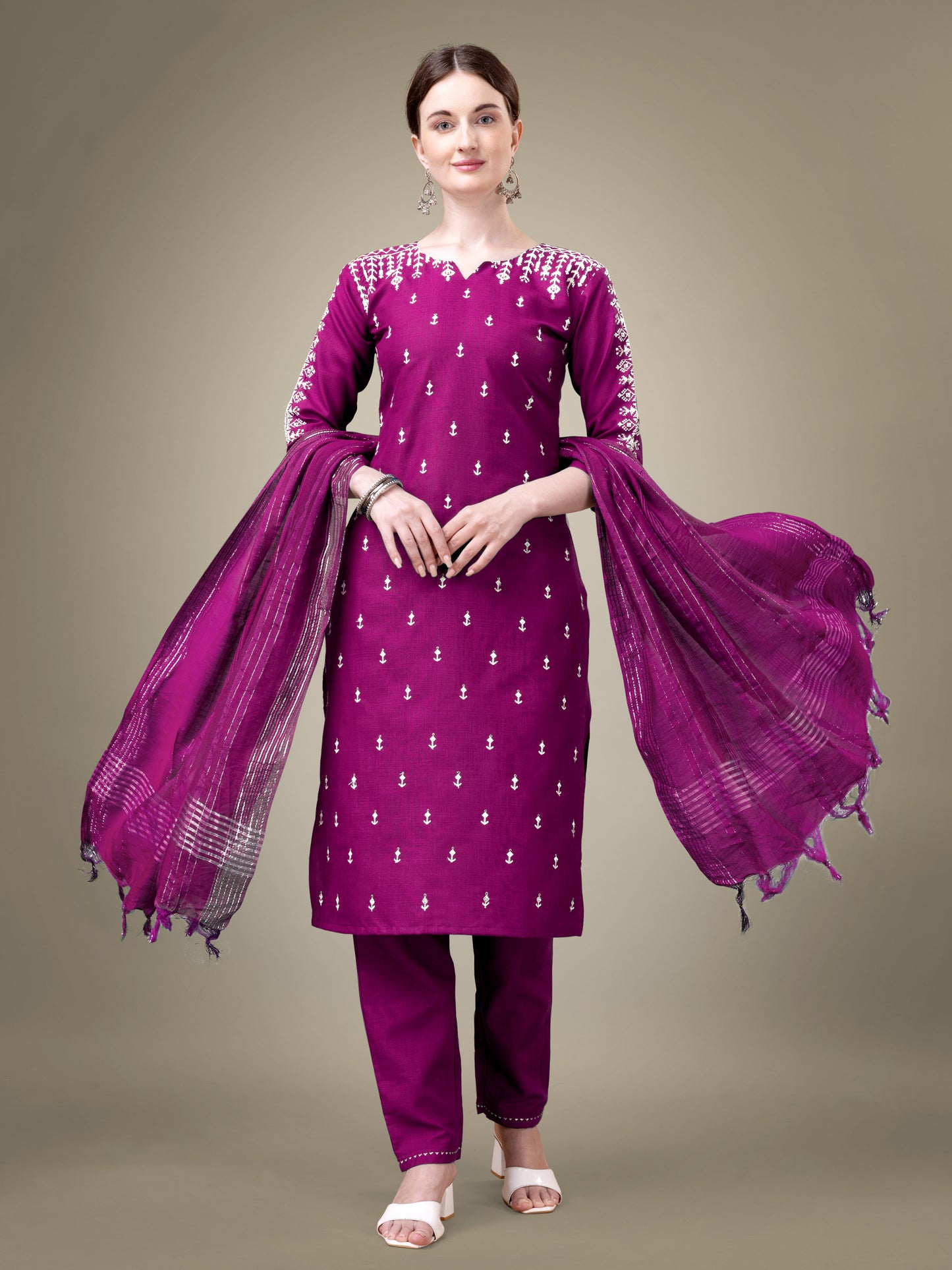 Majestic Moments Embroidery Kurti with Pant and Dupatta Set