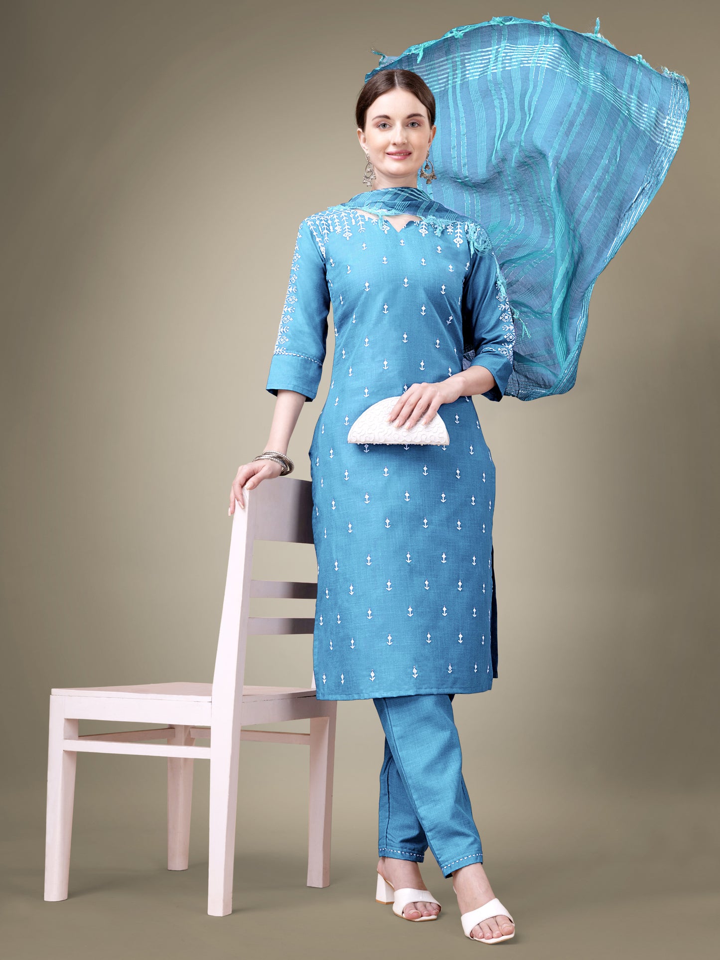 Majestic Moments Embroidery Kurti with Pant and Dupatta Set