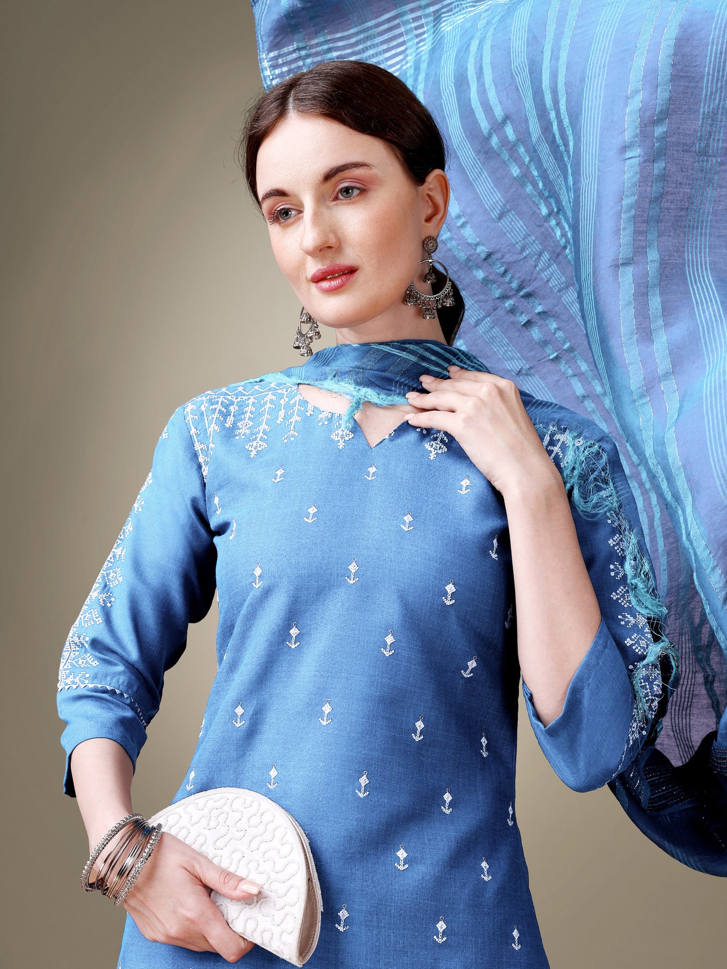 Majestic Moments Embroidery Kurti with Pant and Dupatta Set