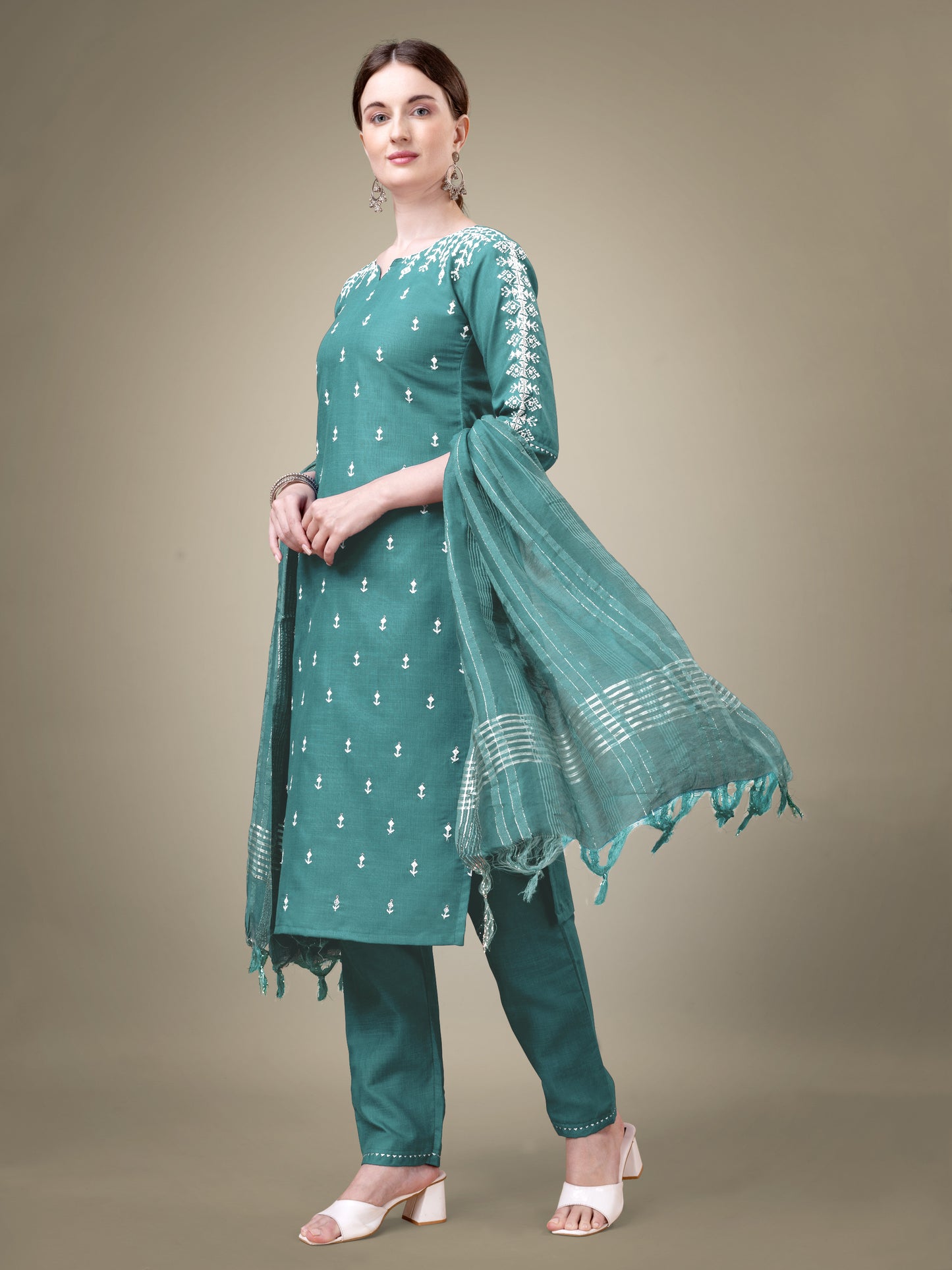 Majestic Moments Embroidery Kurti with Pant and Dupatta Set