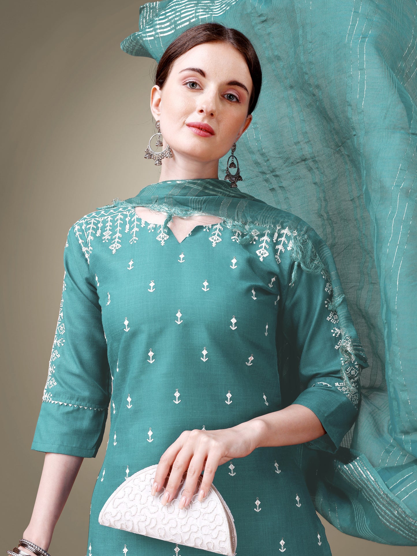 Majestic Moments Embroidery Kurti with Pant and Dupatta Set