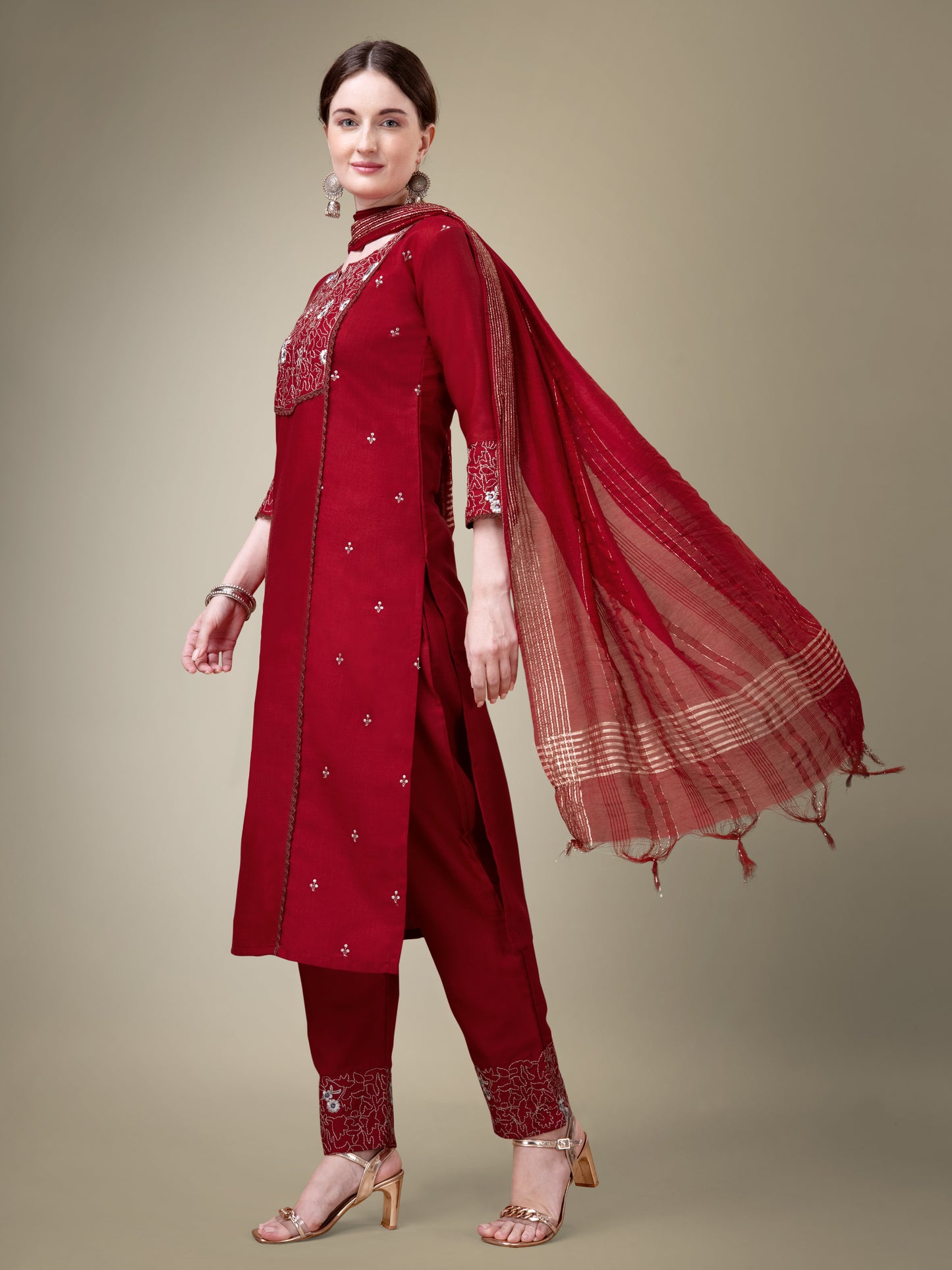 Chic Classic Embroidery Kurti with Pant and Dupatta Set