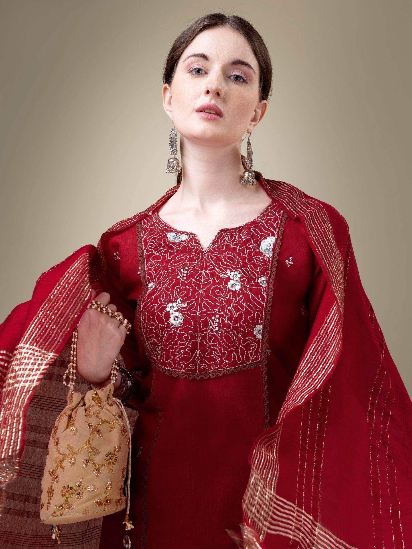 Chic Classic Embroidery Kurti with Pant and Dupatta Set