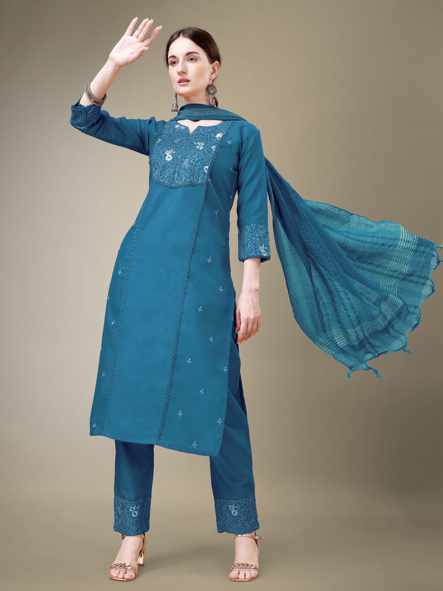 Chic Classic Embroidery Kurti with Pant and Dupatta Set