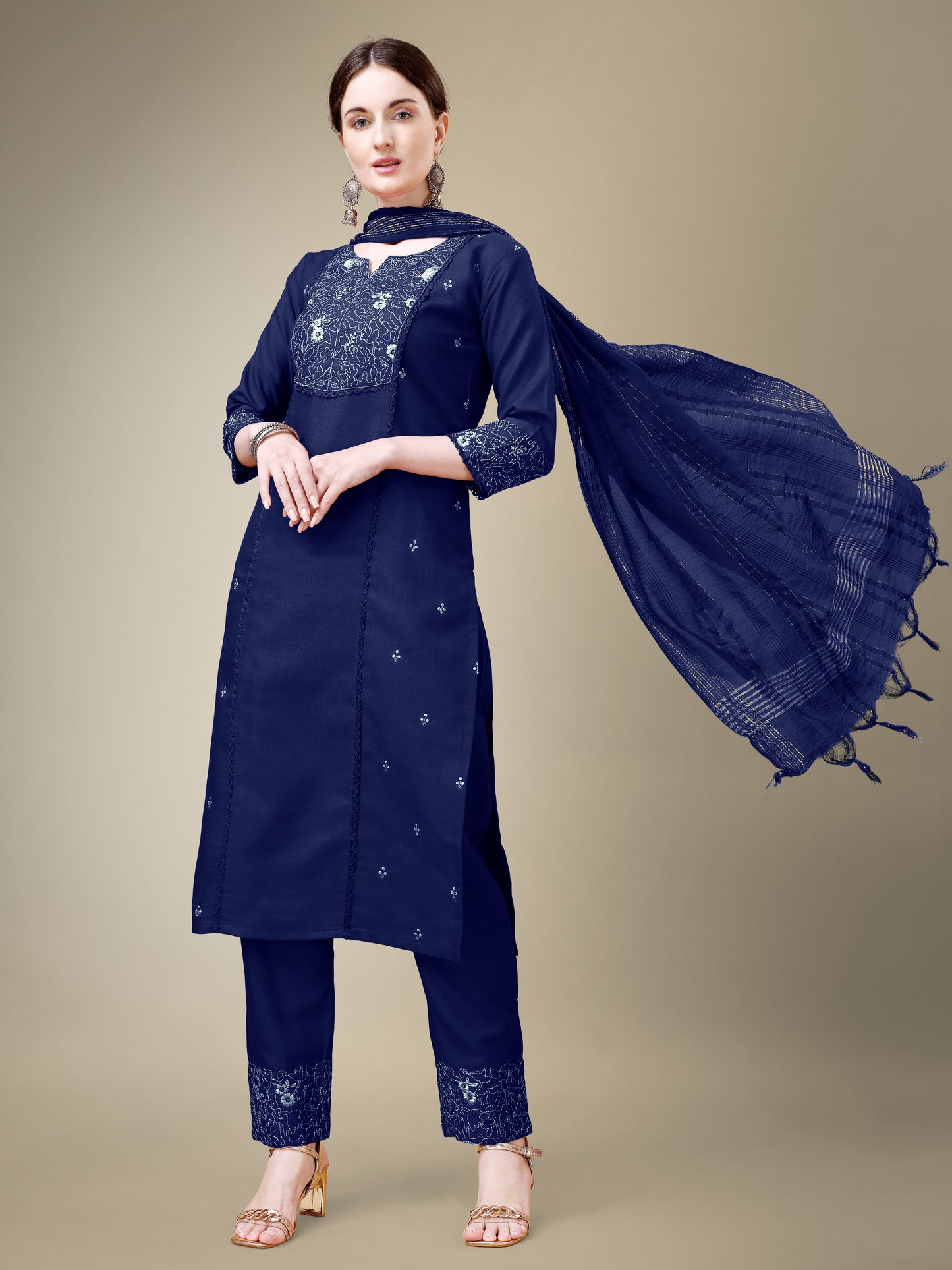 Chic Classic Embroidery Kurti with Pant and Dupatta Set