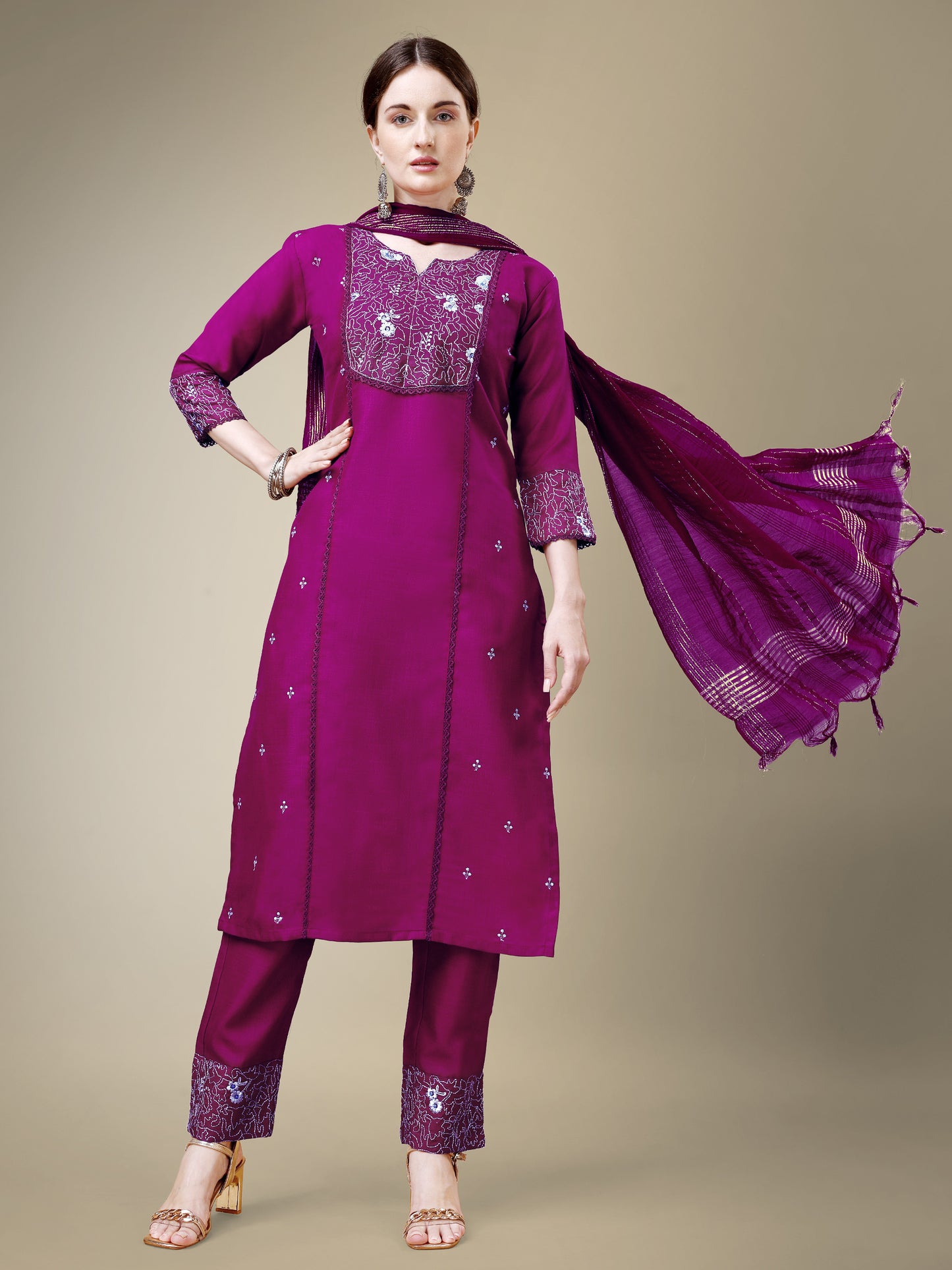 Chic Classic Embroidery Kurti with Pant and Dupatta Set