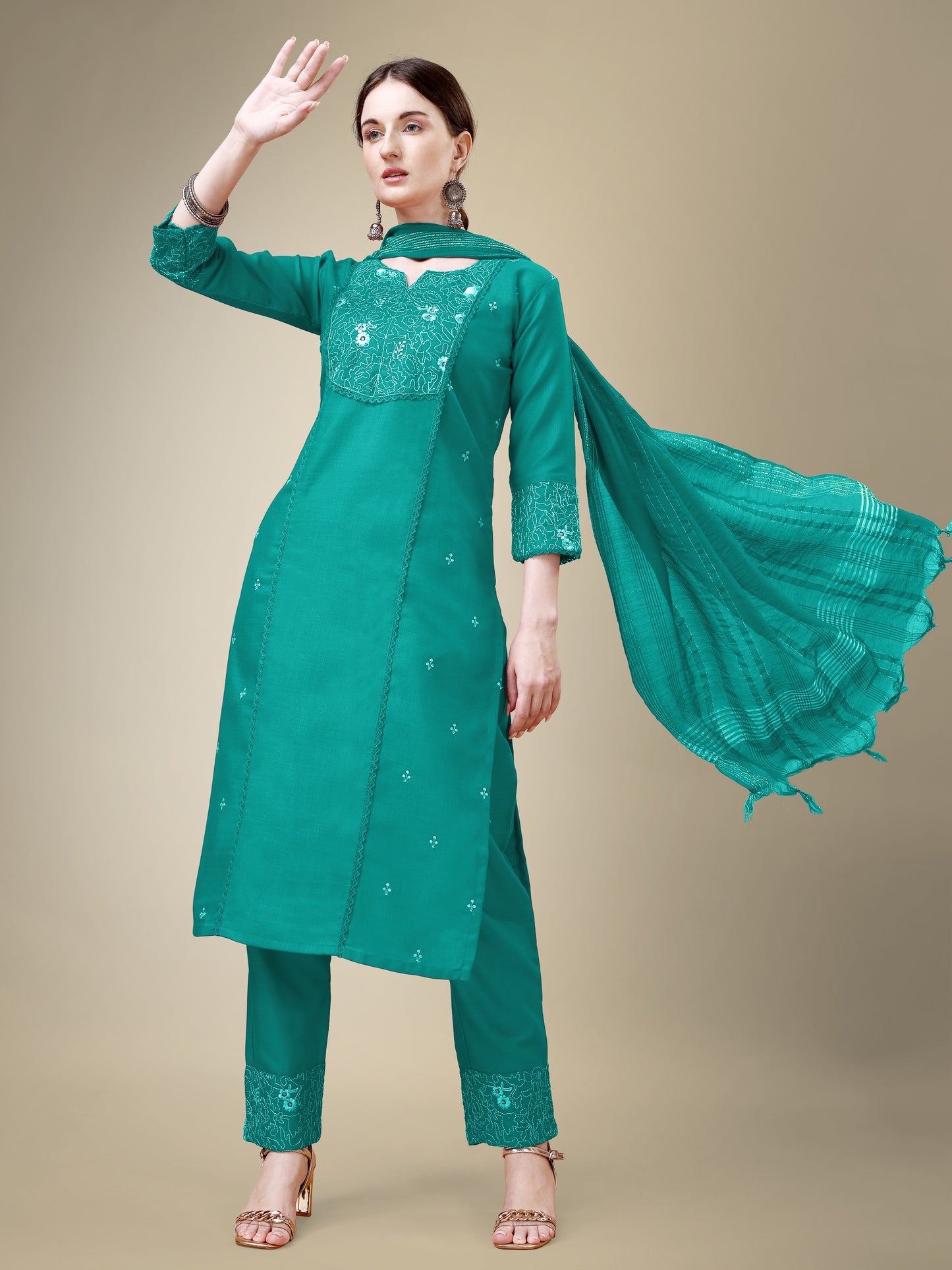 Chic Classic Embroidery Kurti with Pant and Dupatta Set