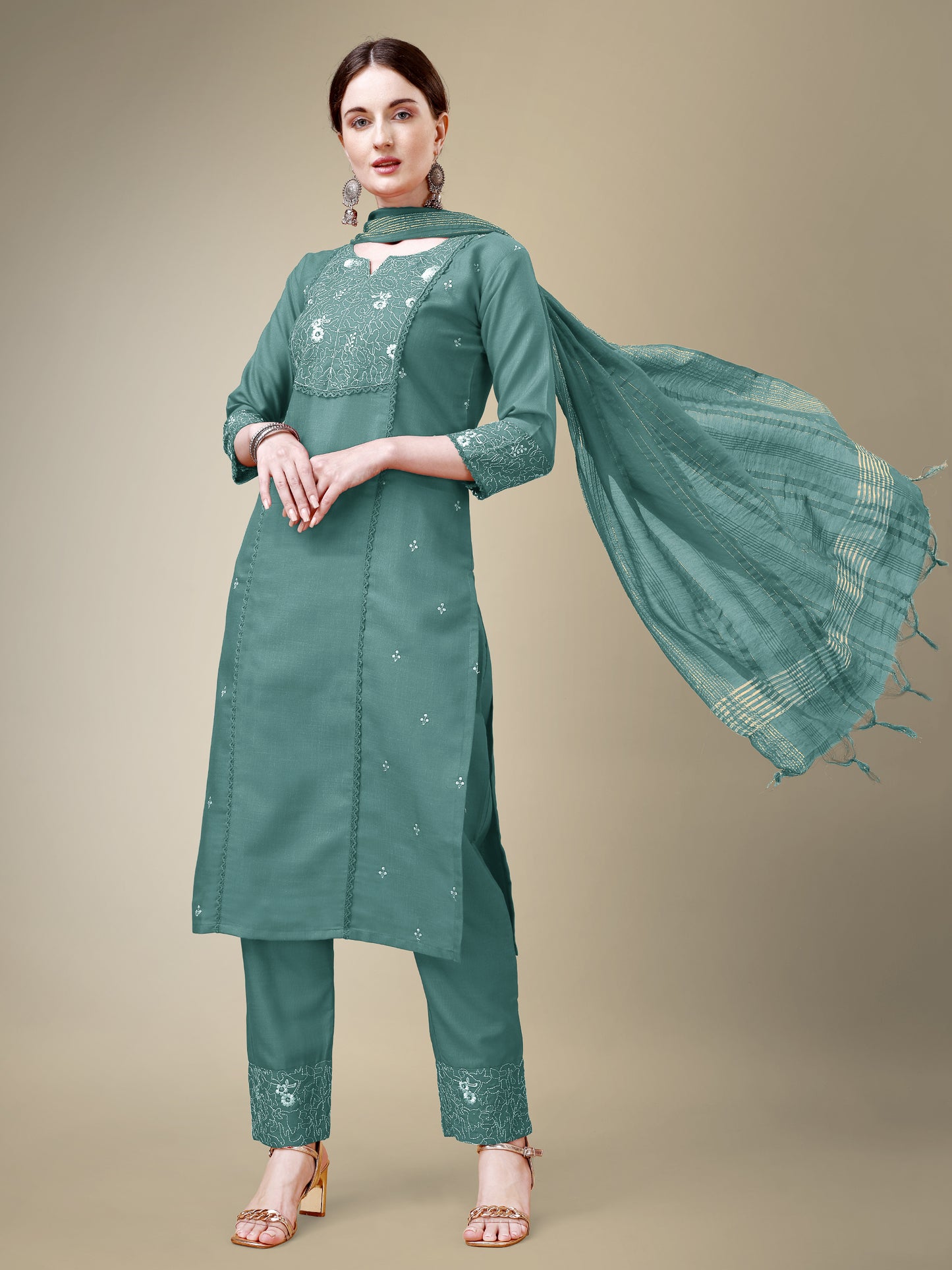 Chic Classic Embroidery Kurti with Pant and Dupatta Set