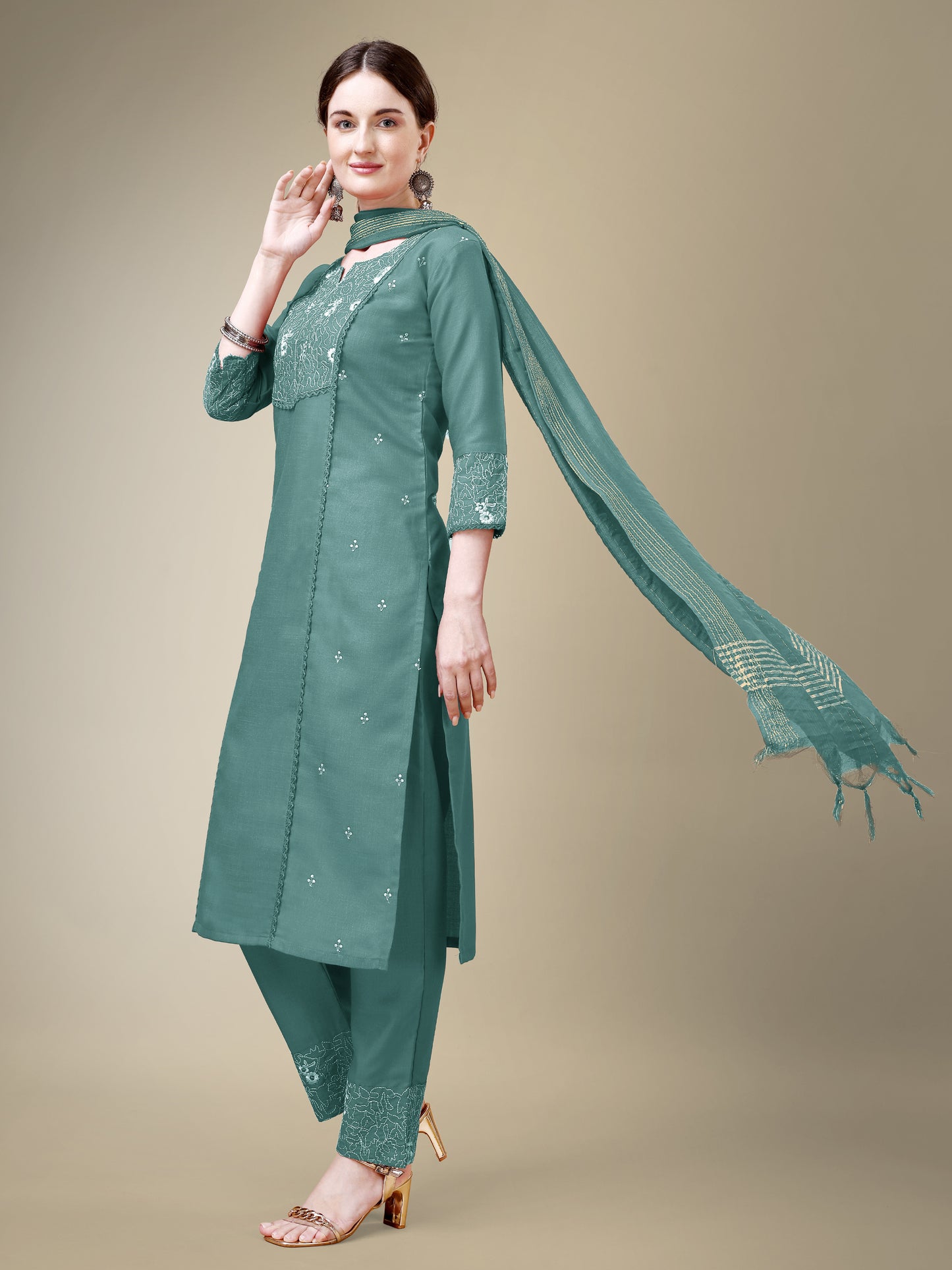 Chic Classic Embroidery Kurti with Pant and Dupatta Set