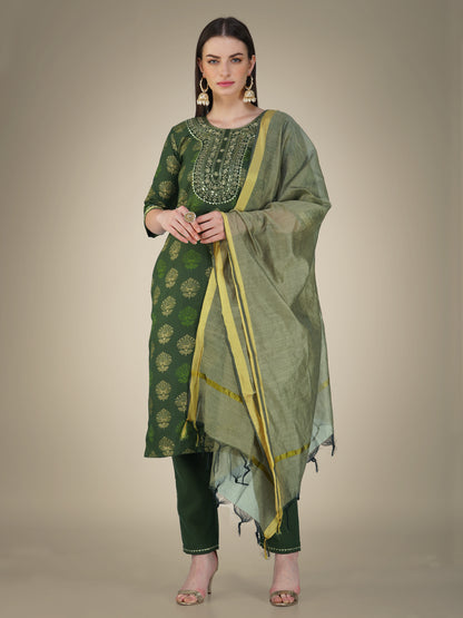 Elegant Heritage Embroidery Kurti with Pant and Dupatta Set