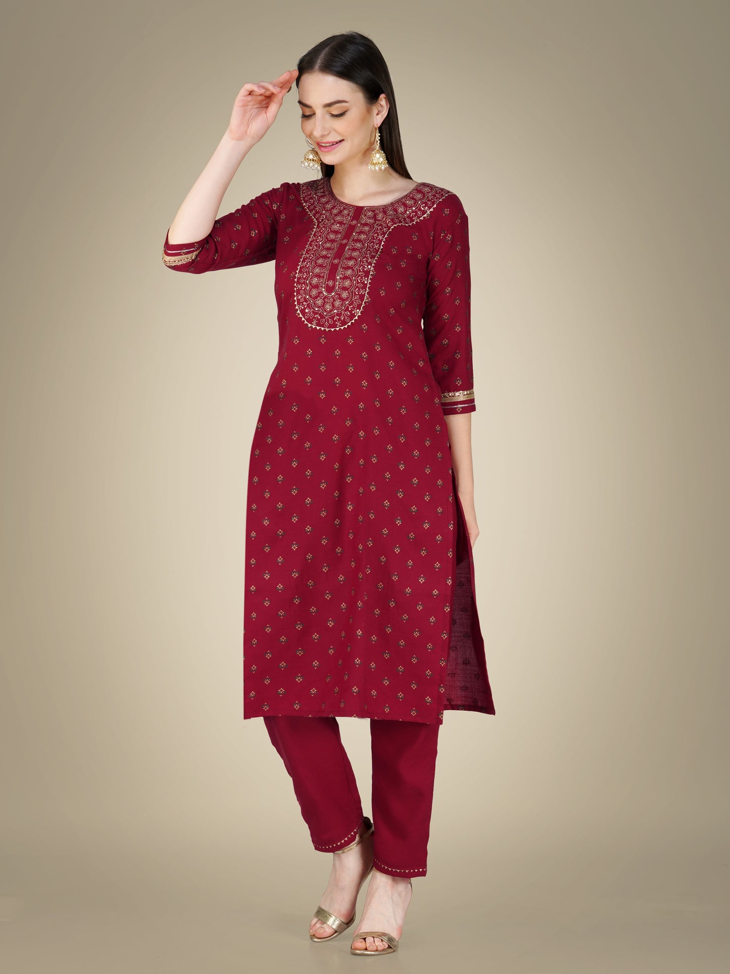 Elegant Heritage Embroidery Kurti with Pant and Dupatta Set