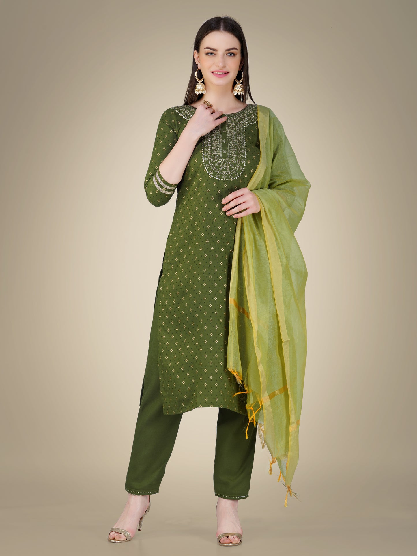 Elegant Heritage Embroidery Kurti with Pant and Dupatta Set