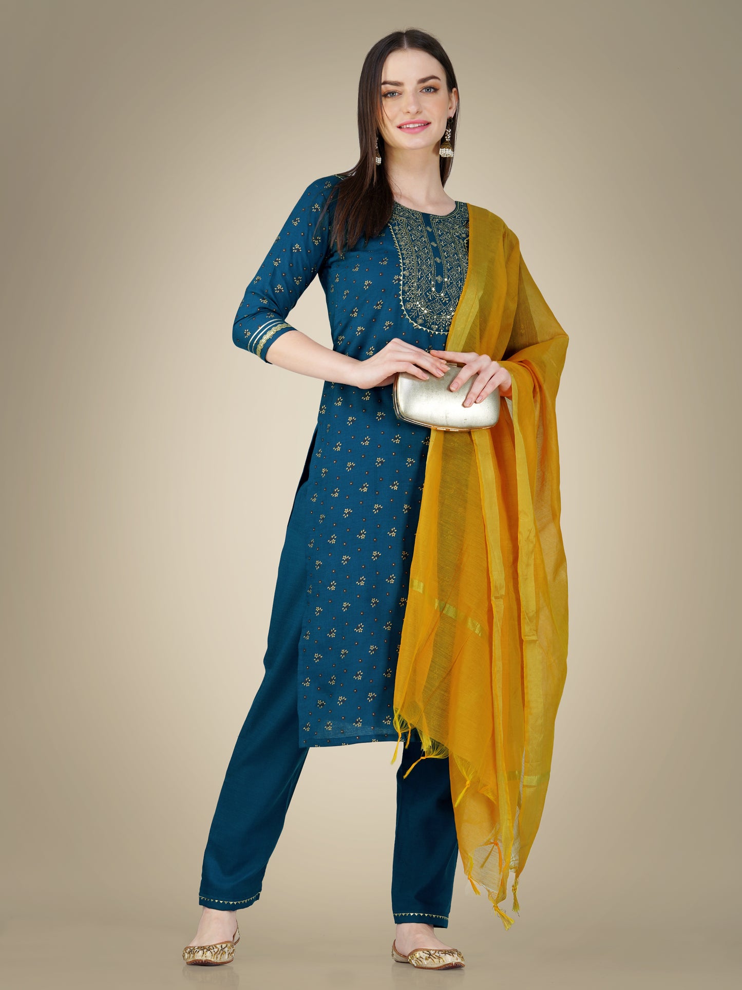 Elegant Heritage Embroidery Kurti with Pant and Dupatta Set