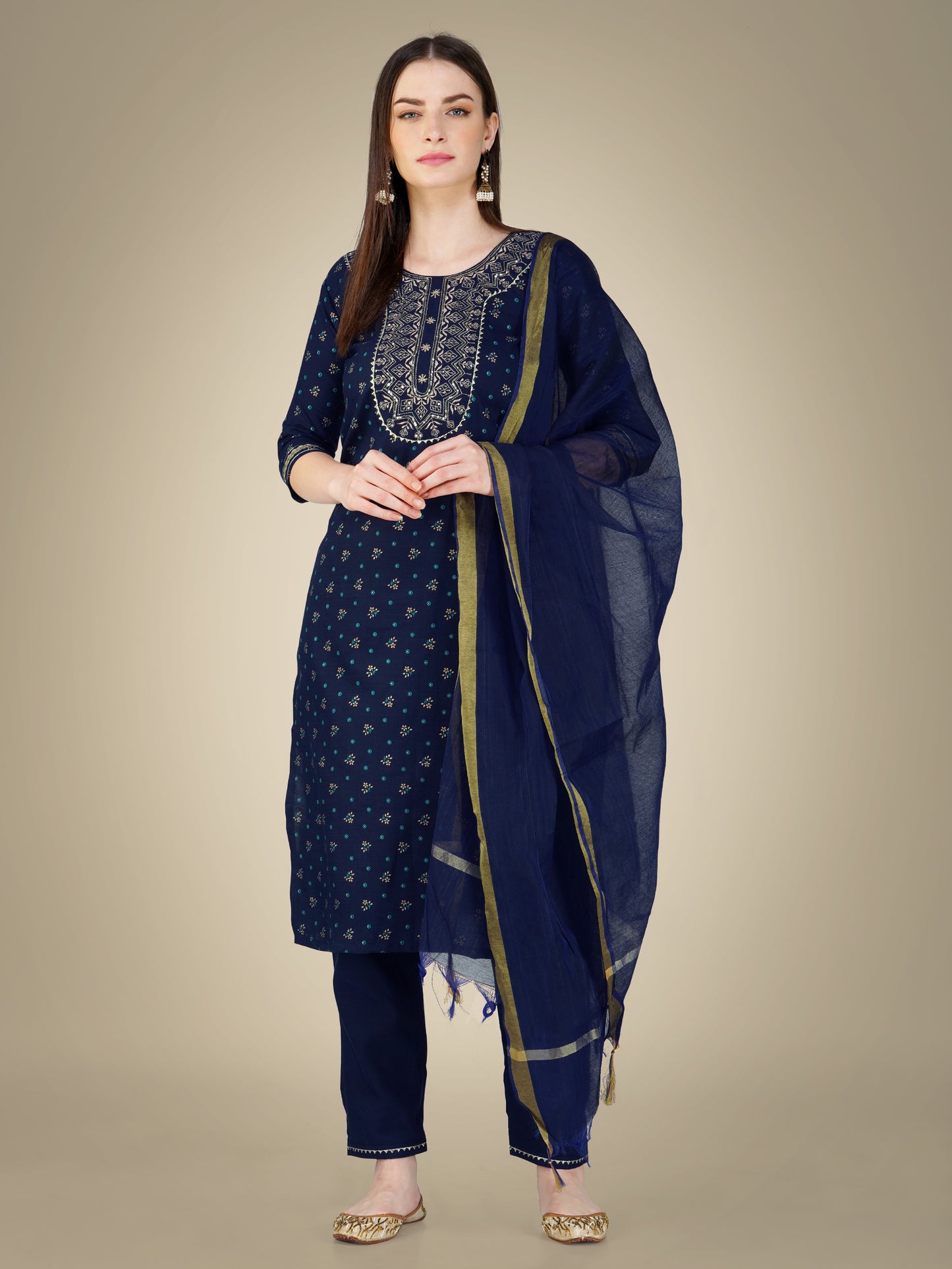 Elegant Heritage Embroidery Kurti with Pant and Dupatta Set