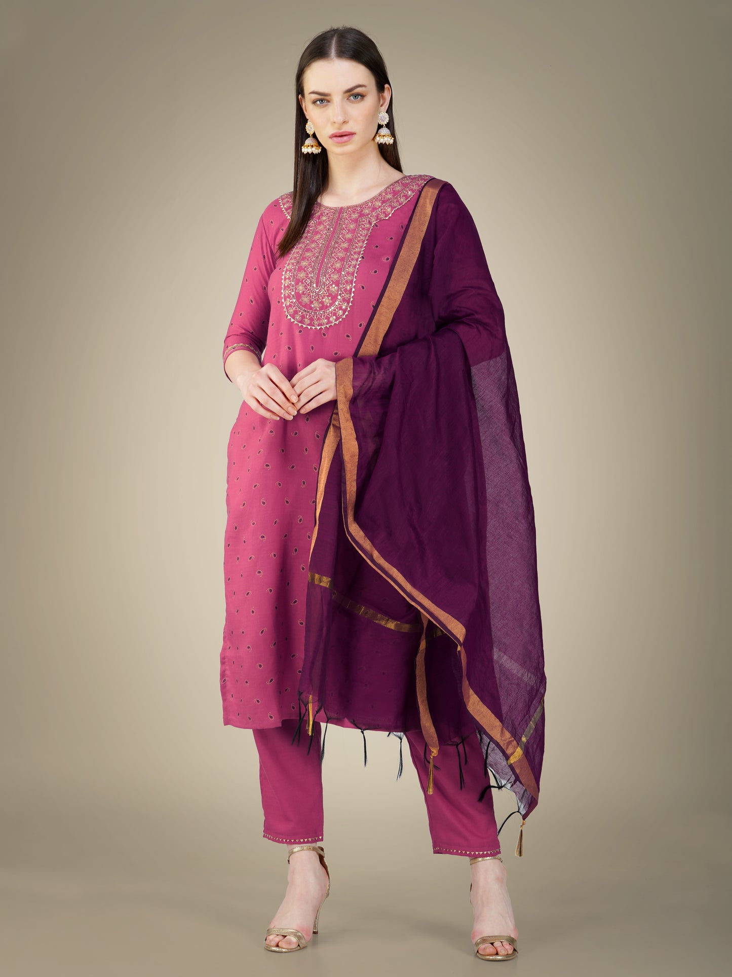 Elegant Heritage Embroidery Kurti with Pant and Dupatta Set