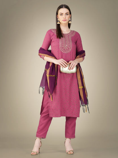 Elegant Heritage Embroidery Kurti with Pant and Dupatta Set