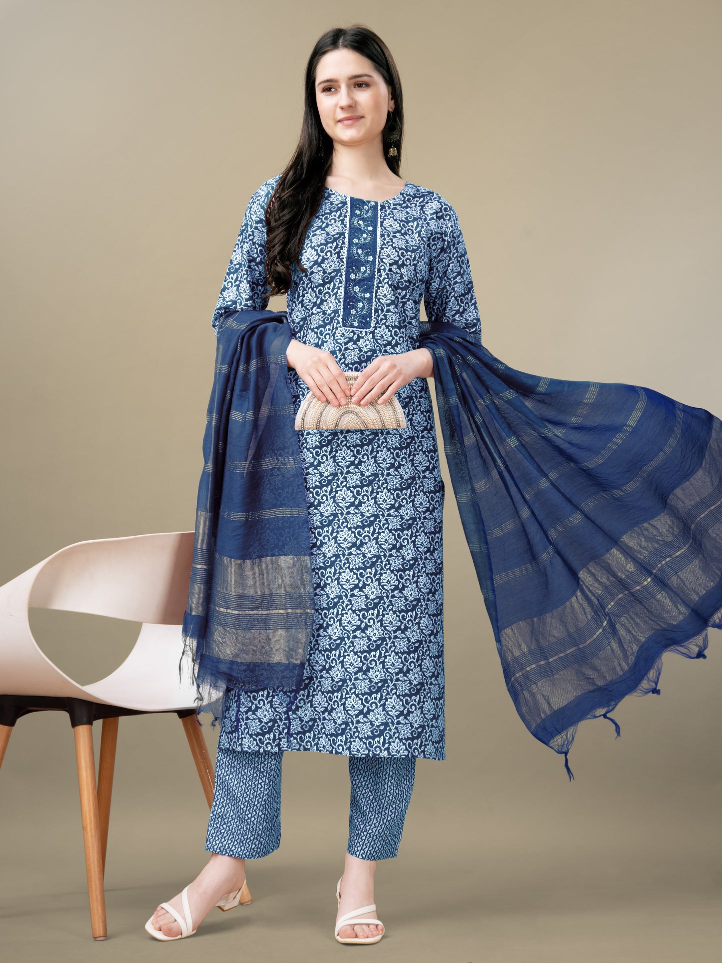 Divine Sophistication Women's Viscos Tebby Silk Heavy Embroidery Kurti with Pant and Dupatta Set