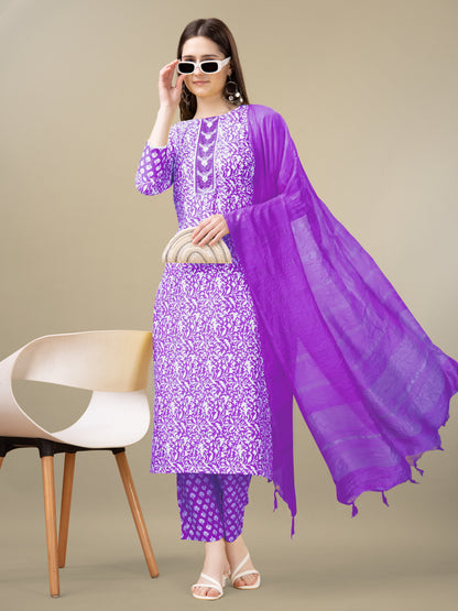 Majestic Flair Women's Embroidery Kurti with Pant and Dupatta Set