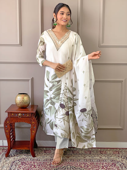 Graceful White Kurti Pant Dupatta Set Cotton Lining Printed & Embroidered