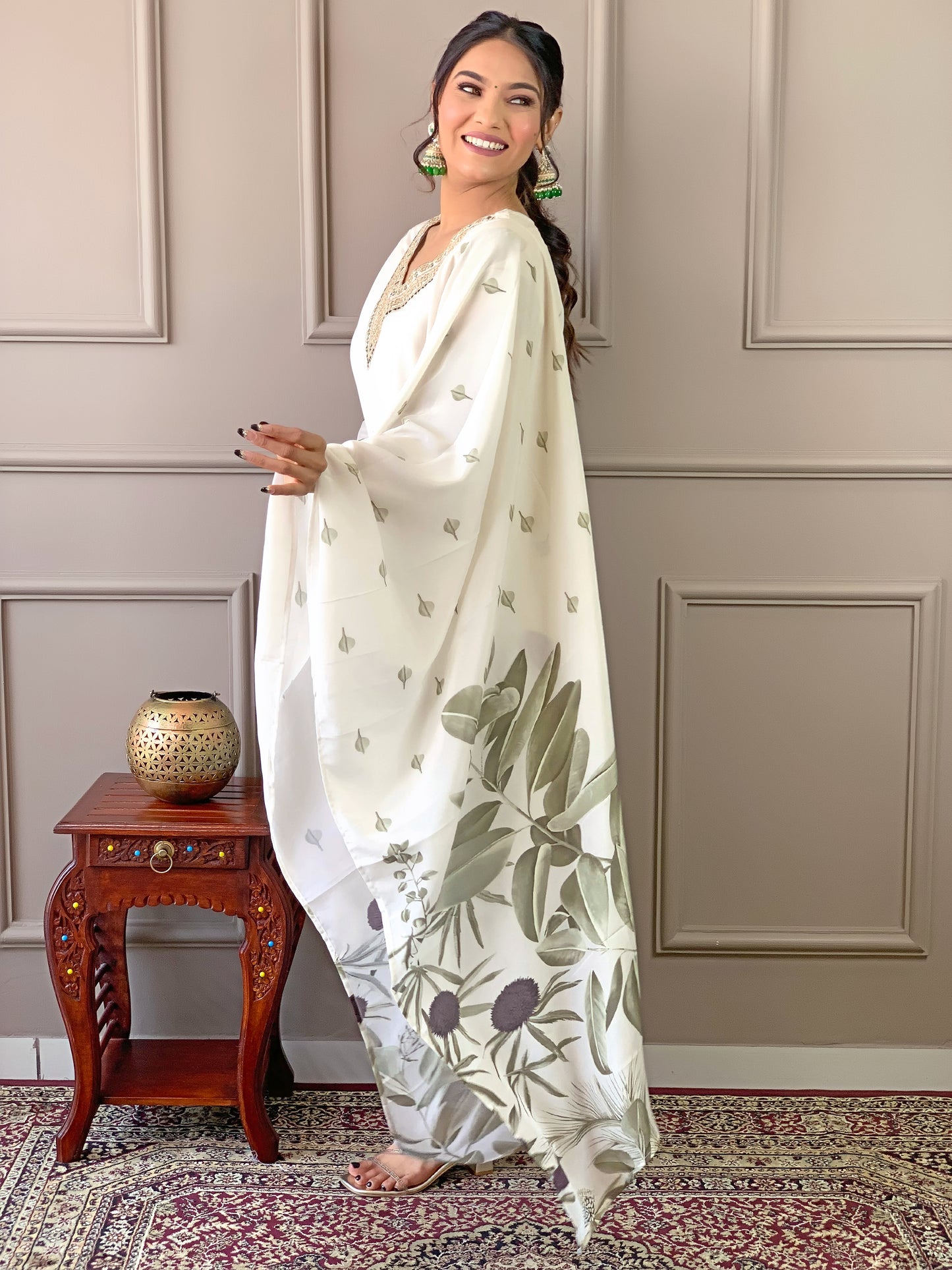 Graceful White Kurti Pant Dupatta Set Cotton Lining Printed & Embroidered