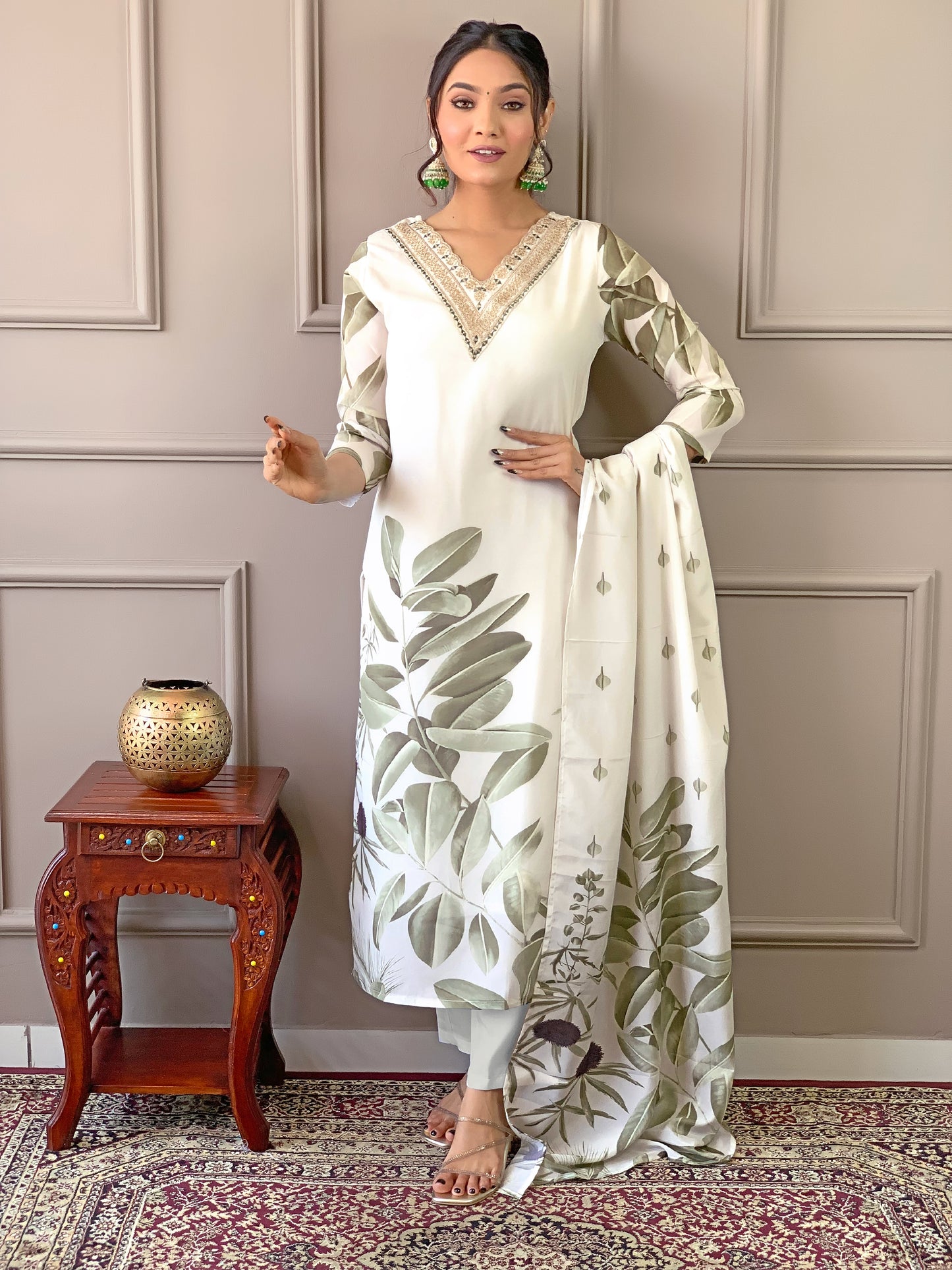 Graceful White Kurti Pant Dupatta Set Cotton Lining Printed & Embroidered