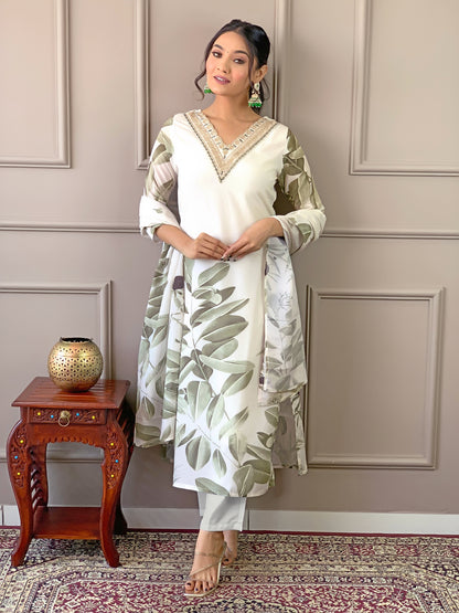 Graceful White Kurti Pant Dupatta Set Cotton Lining Printed & Embroidered