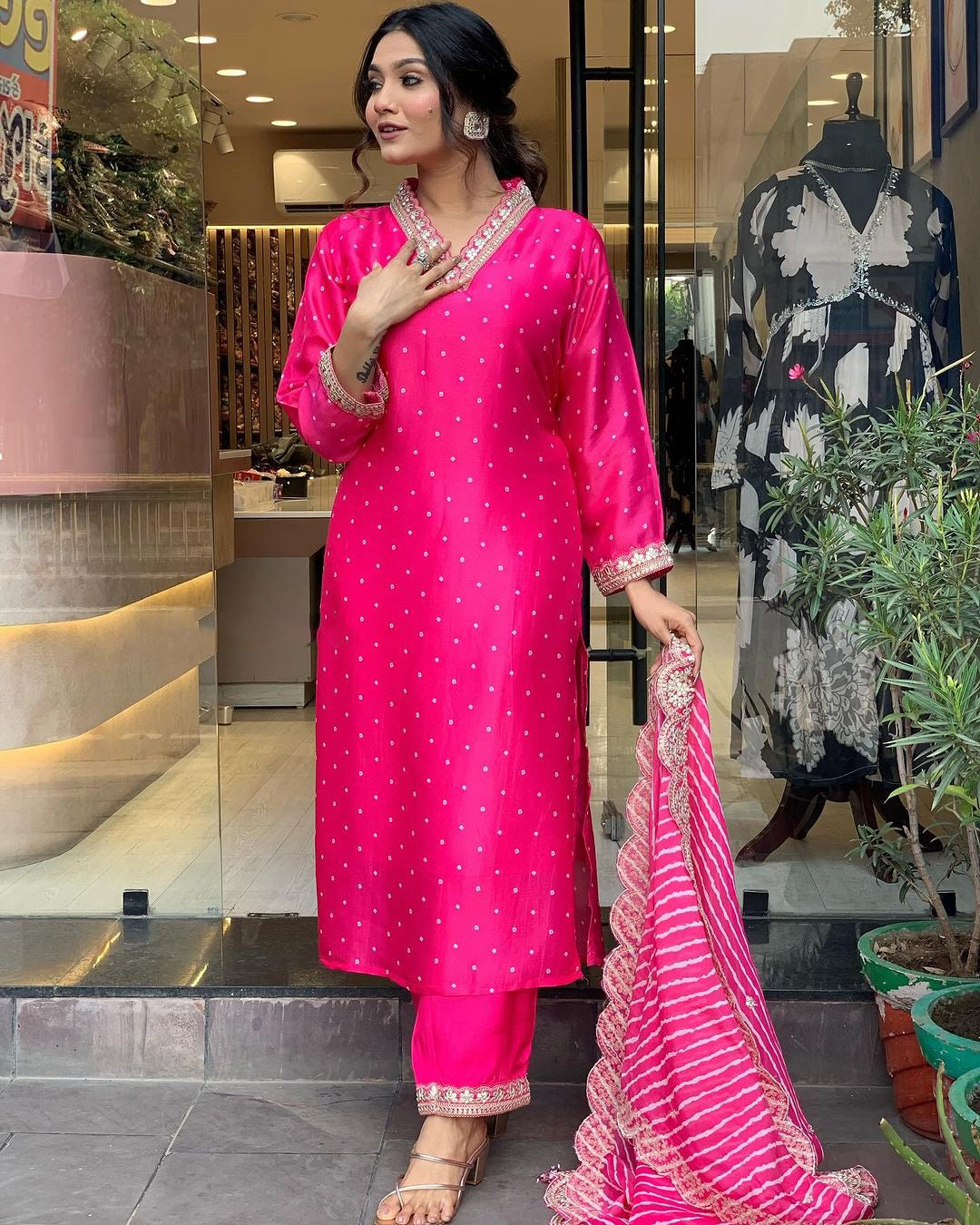 Luxurious Pink Heavy Chanderi A-Line Kurti Set with Embroidery – Includes Pant & Dupatta