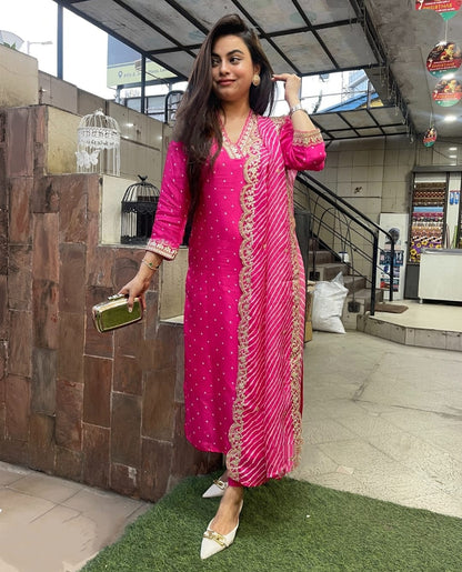 Luxurious Pink Heavy Chanderi A-Line Kurti Set with Embroidery – Includes Pant & Dupatta