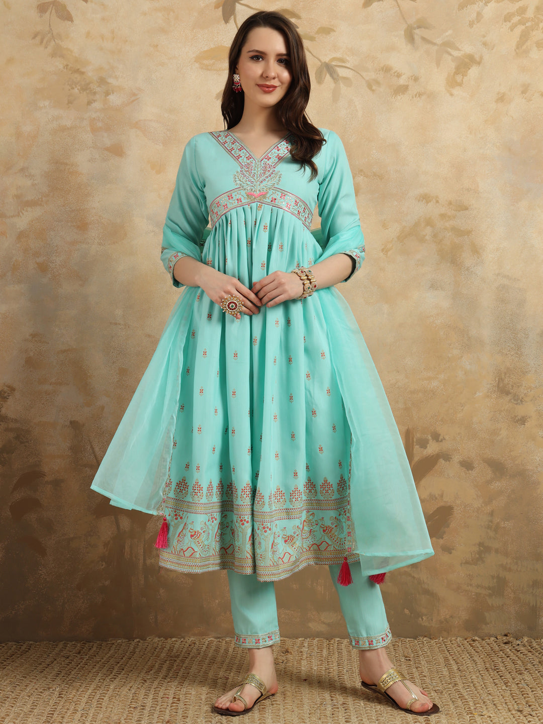 Sky Blue Rayon Slub Kurti Set with Foil Print and Embroidery – Elegant and Stylish